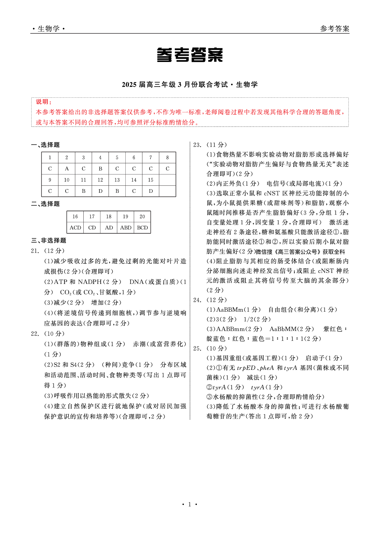 辽宁省点石联考2025届高三下学期3月联合考试生物答案.pdf 第1页