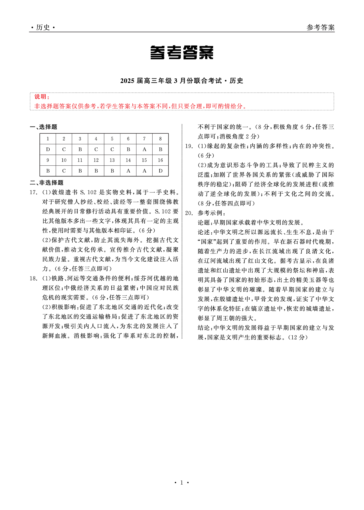 辽宁省点石联考2025届高三下学期3月联合考试历史答案.pdf 第1页