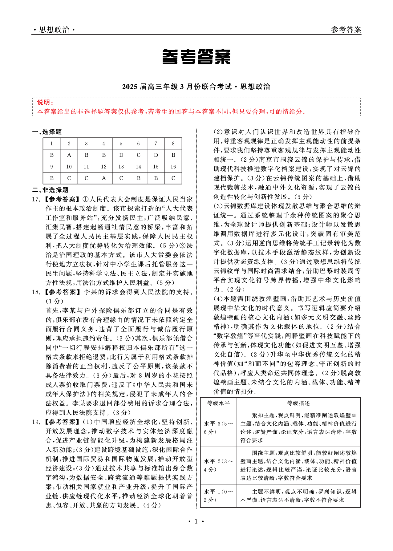 辽宁省点石联考2025届高三下学期3月联合考试政治答案.pdf 第1页