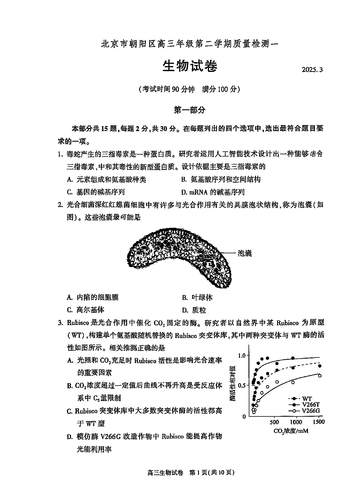 2025北京市朝阳区高三一模生物试题及答案.pdf 第1页