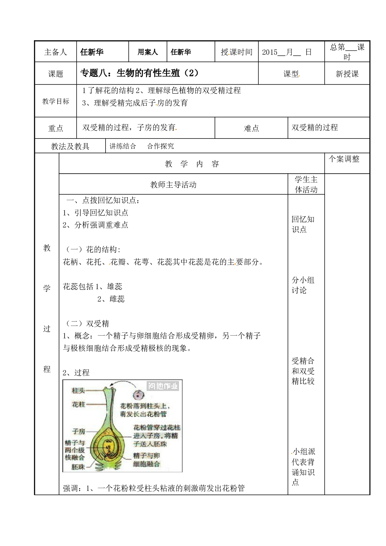 [中学联盟]江苏省新沂市第二中学生物（苏科版）中考复习教案-专题八：生物的有性生殖（2）.doc 第1页