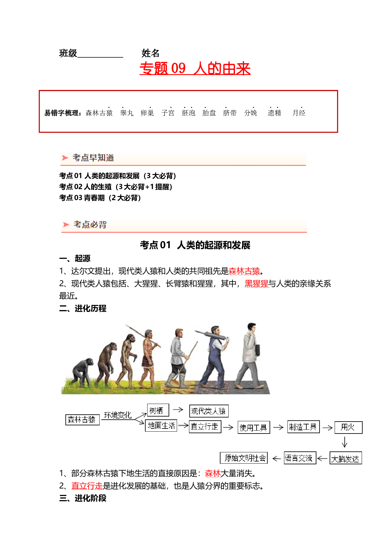专题09 人的由来（背记帮）-备战2024年中考生物一轮复习考点帮.docx 第1页