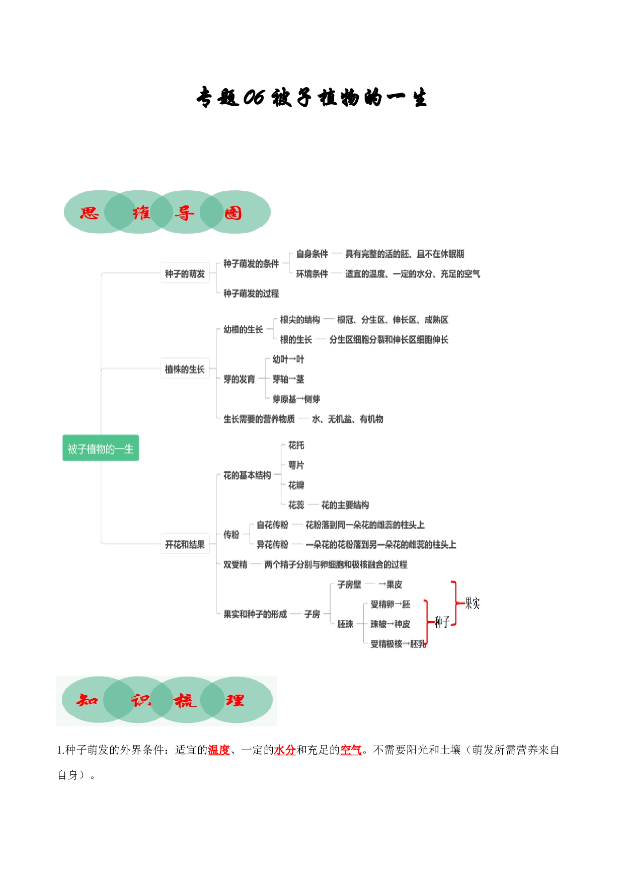 专题06 被子植物的一生（知识清单）- 2023-2024学年七年级生物上学期期末考点大串讲（人教版）.docx 第1页