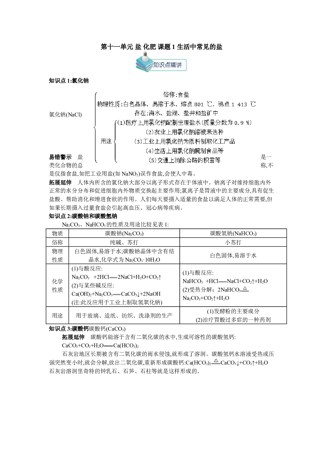 2020人教部编版九年级化学下册第十一单元盐、化肥知识点.doc 第1页