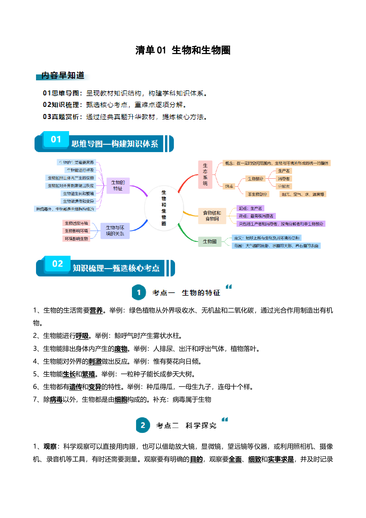 清单01 生物和生物圈(6大考点+5大高频命题点）-2024年中考生物一轮复习知识清单.docx 第1页