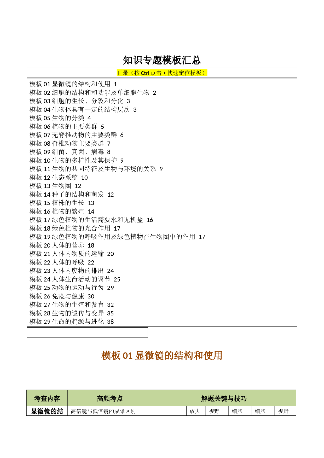 29大知识专题模板汇总(专题汇总，请勿重复下载）-2024年中考生物答题技巧与模板构建.docx 第1页