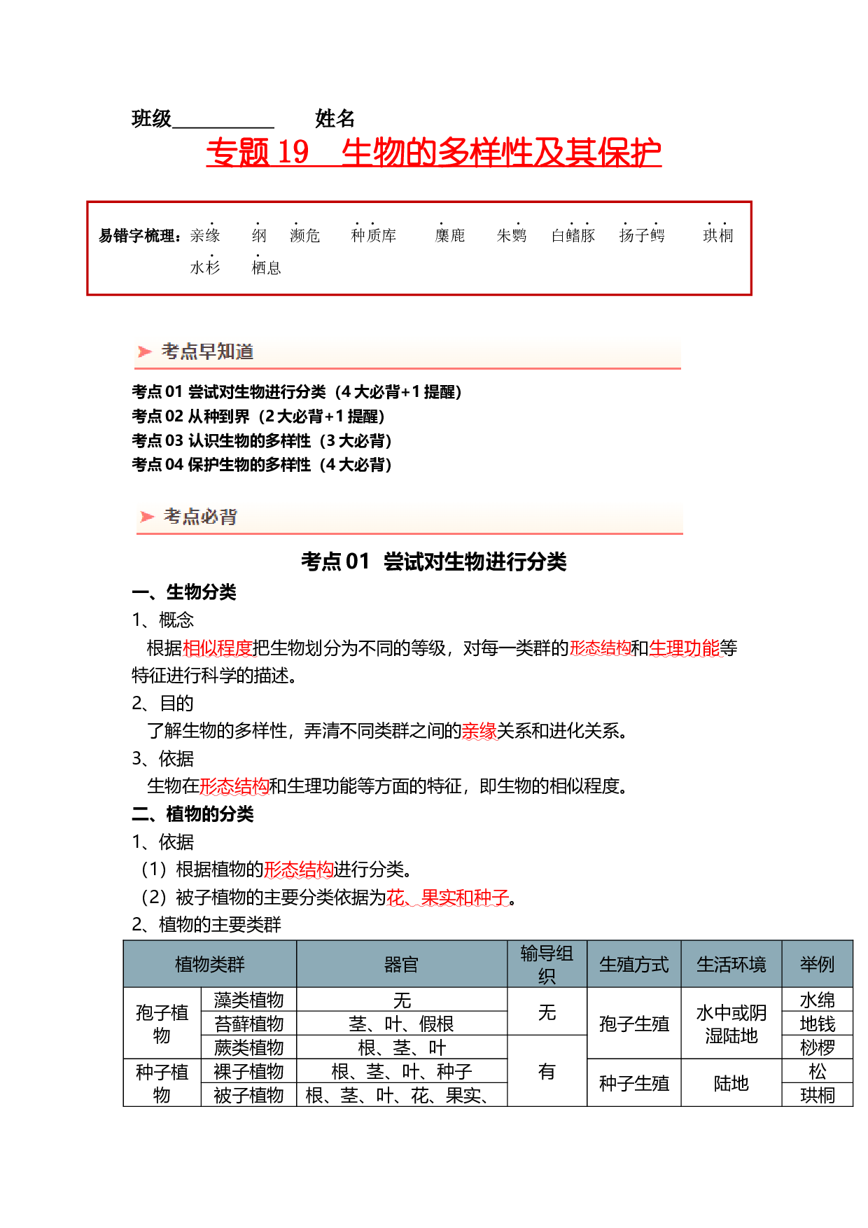 专题19 生物的多样性及其保护（背记帮）-备战2024年中考生物一轮复习考点帮.docx 第1页