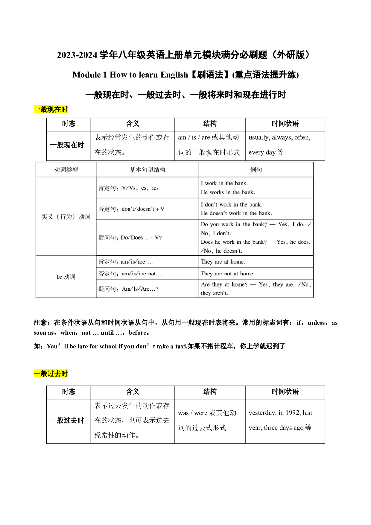 Module 1【刷语法】复习四大时态（重点语法提升练）-2023-2024学年八年级英语上册单元模块满分必刷题（外研版）.docx 第1页