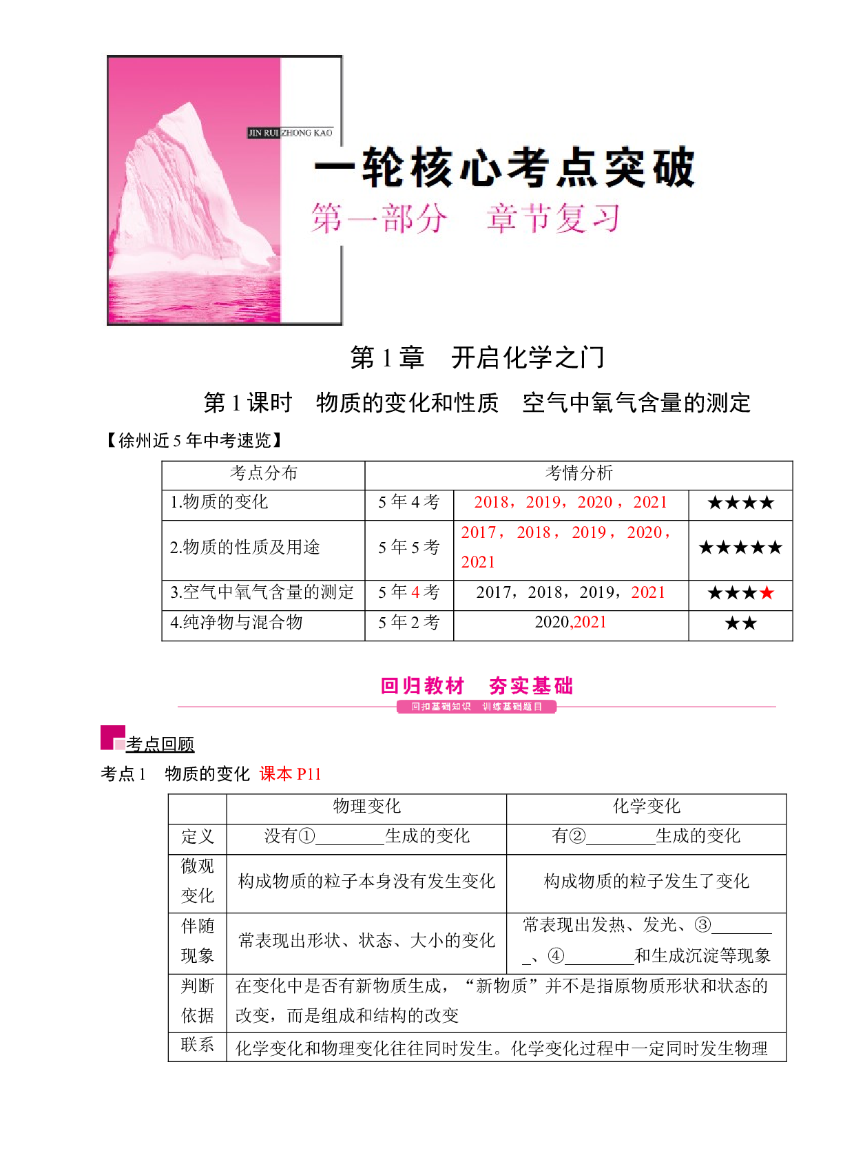 第1课时 物质的变化和性质 空气中氧气含量的测定-2022年江苏省徐州市中考化学一轮核心考点突破.docx 第1页