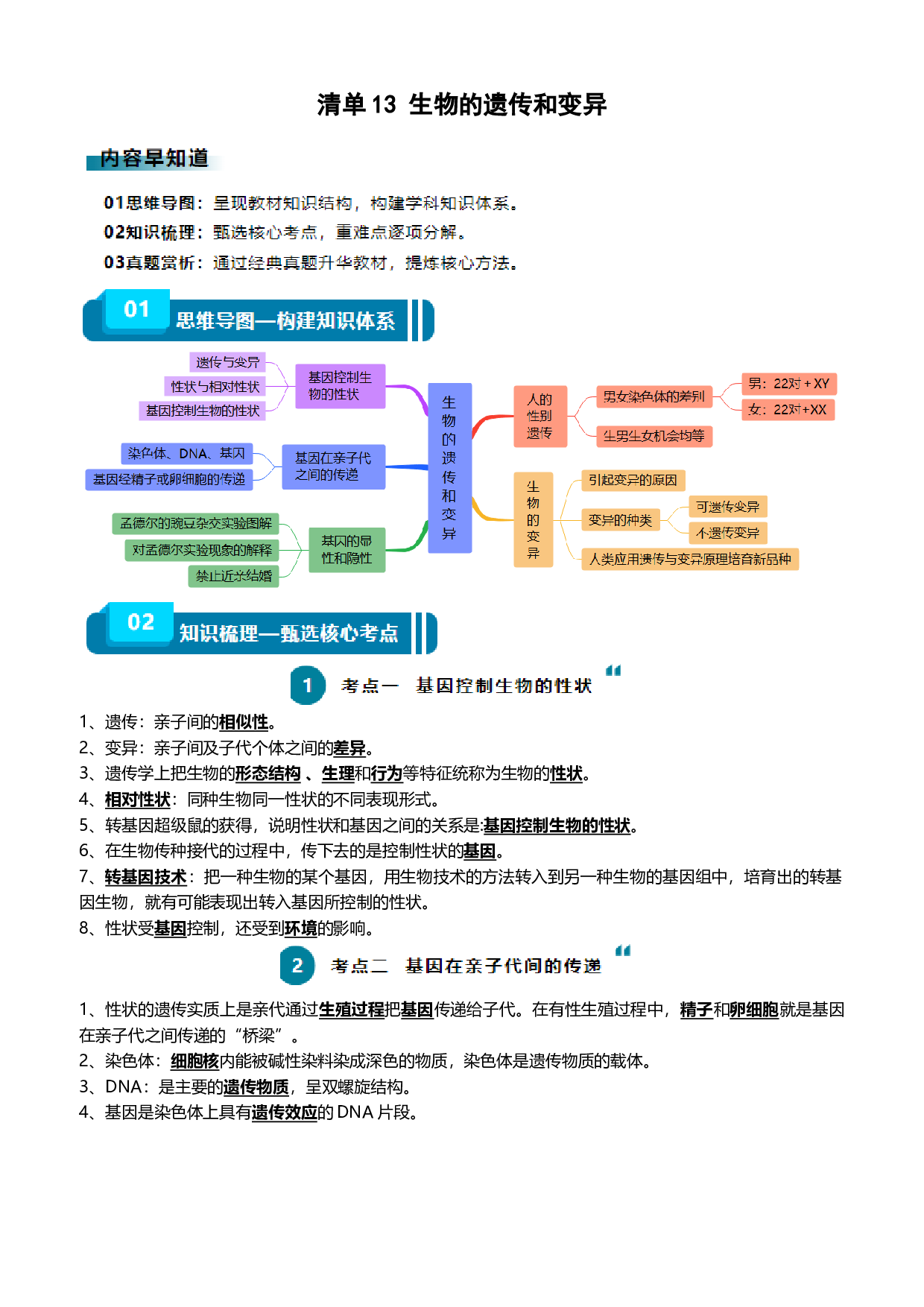 清单13 生物的遗传和变异（5大考点+6大高频命题点）-2024年中考生物一轮复习知识清单.docx 第1页