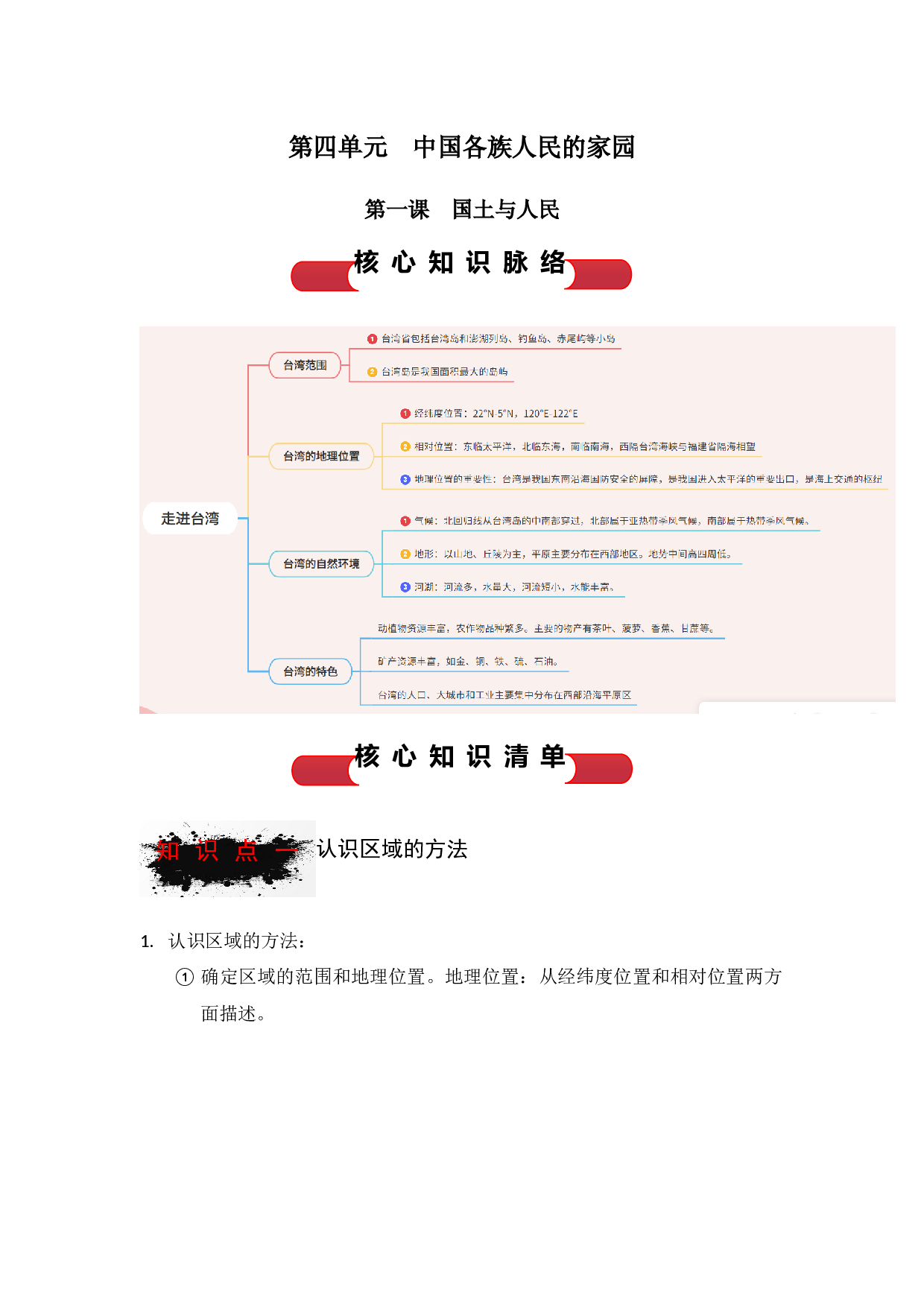 综合探究四 走进台湾（背诵清单）2023-2024学年八年级历史与社会上学期单元（人文地理下册）  .docx 第1页