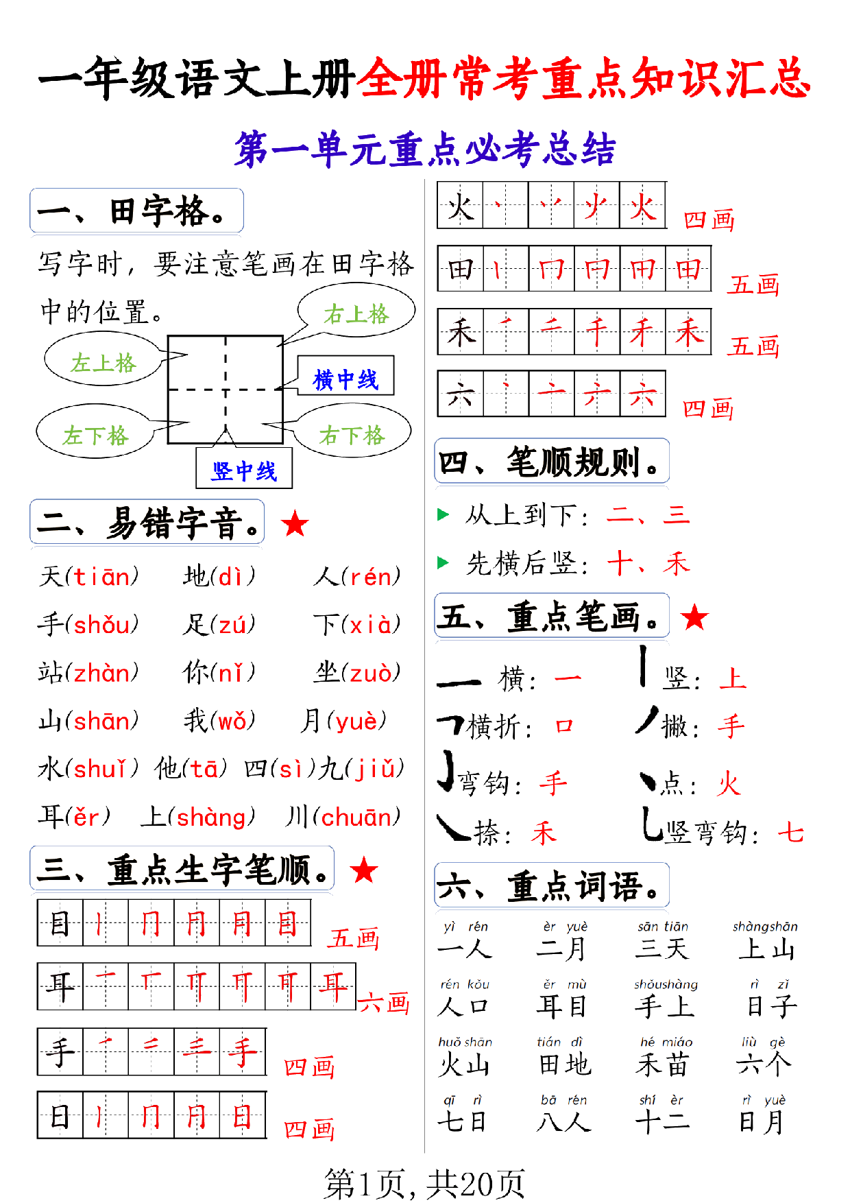 一上语文全册1-8单元常考重点知识汇总20页.pdf 第1页