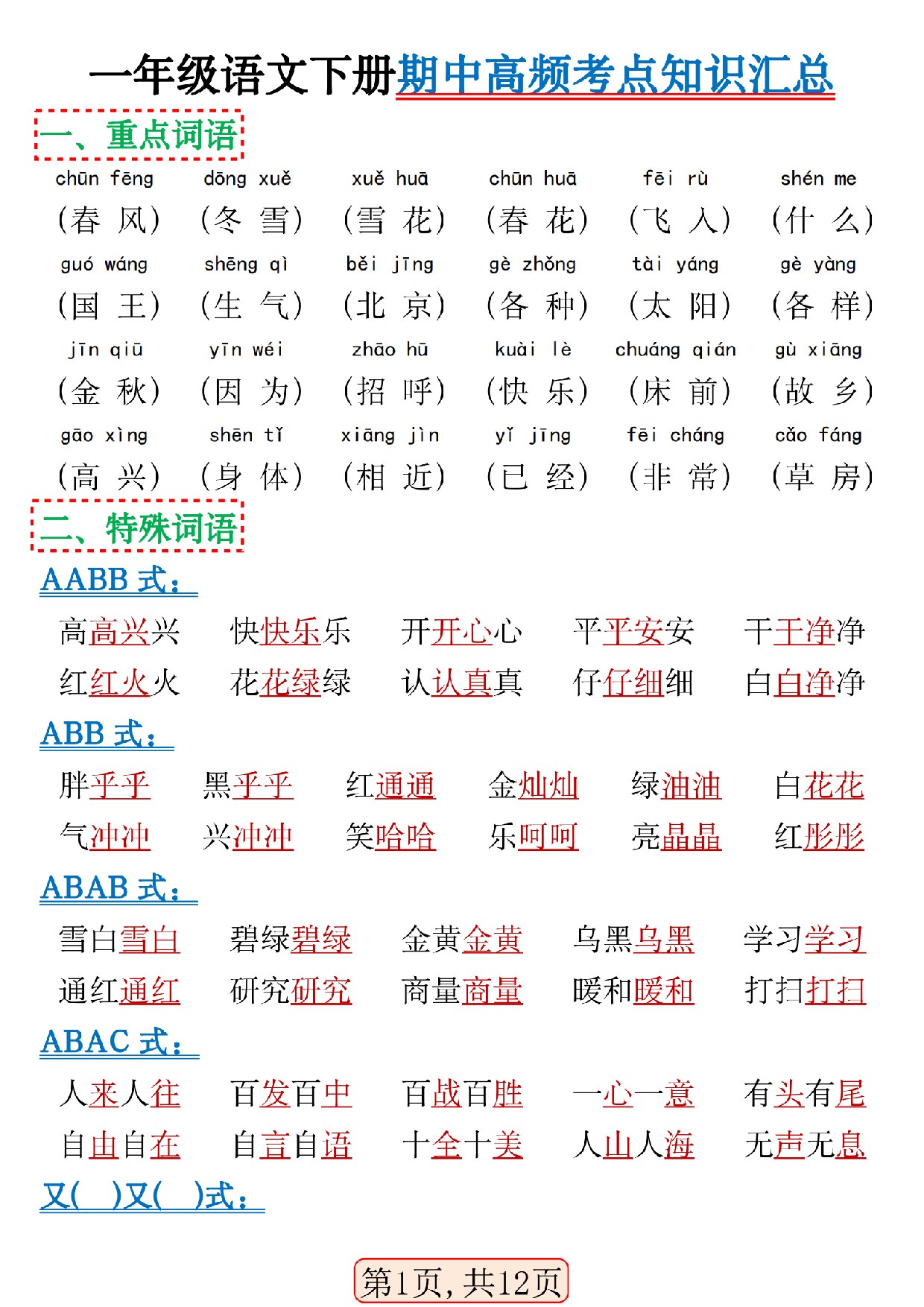 一年级语文下册期中高频考点知识汇总.pdf 第1页