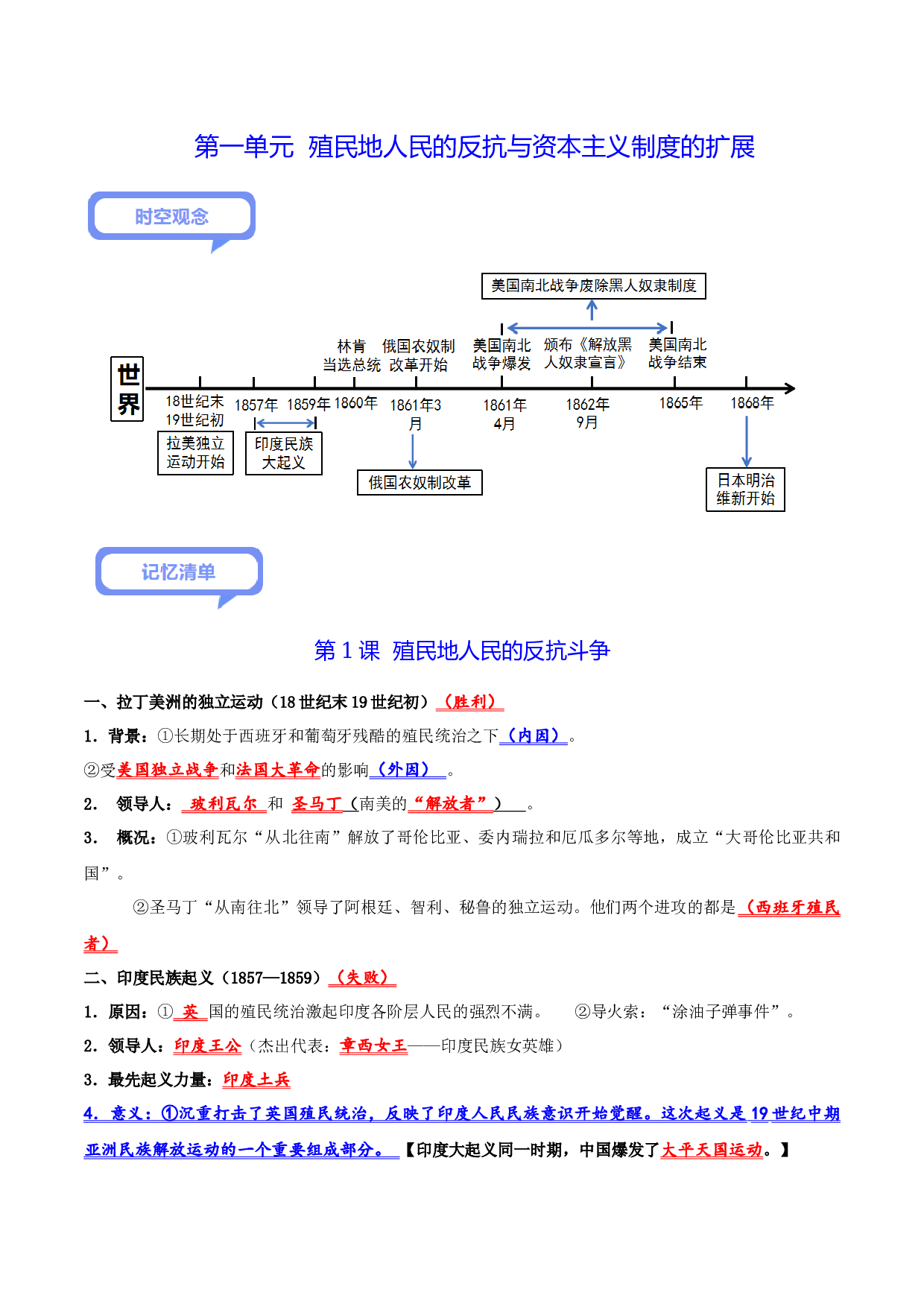 第一单元 殖民地人民的反抗与资本主义制度的扩展（背诵清单+中考演练）2023-2024学年九年级历史下册同步学与练（部编版）.docx 第1页