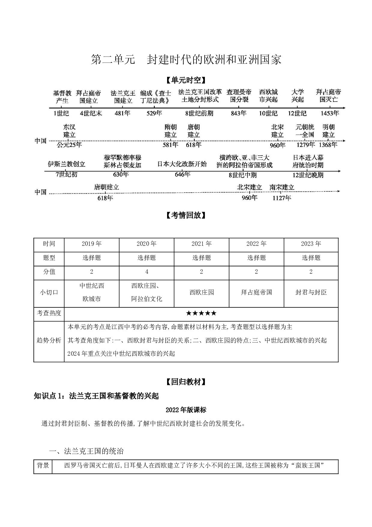 第二单元　封建时代的欧洲和亚洲国家  讲义  2024年江西省中考一轮复习.docx 第1页
