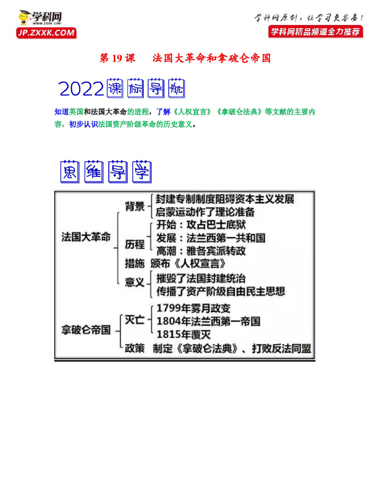 第19课  法国大革命和拿破仑帝国（考点背记与素养检测）-2022-2023学年九年级历史新课标（部编版）.docx 第1页