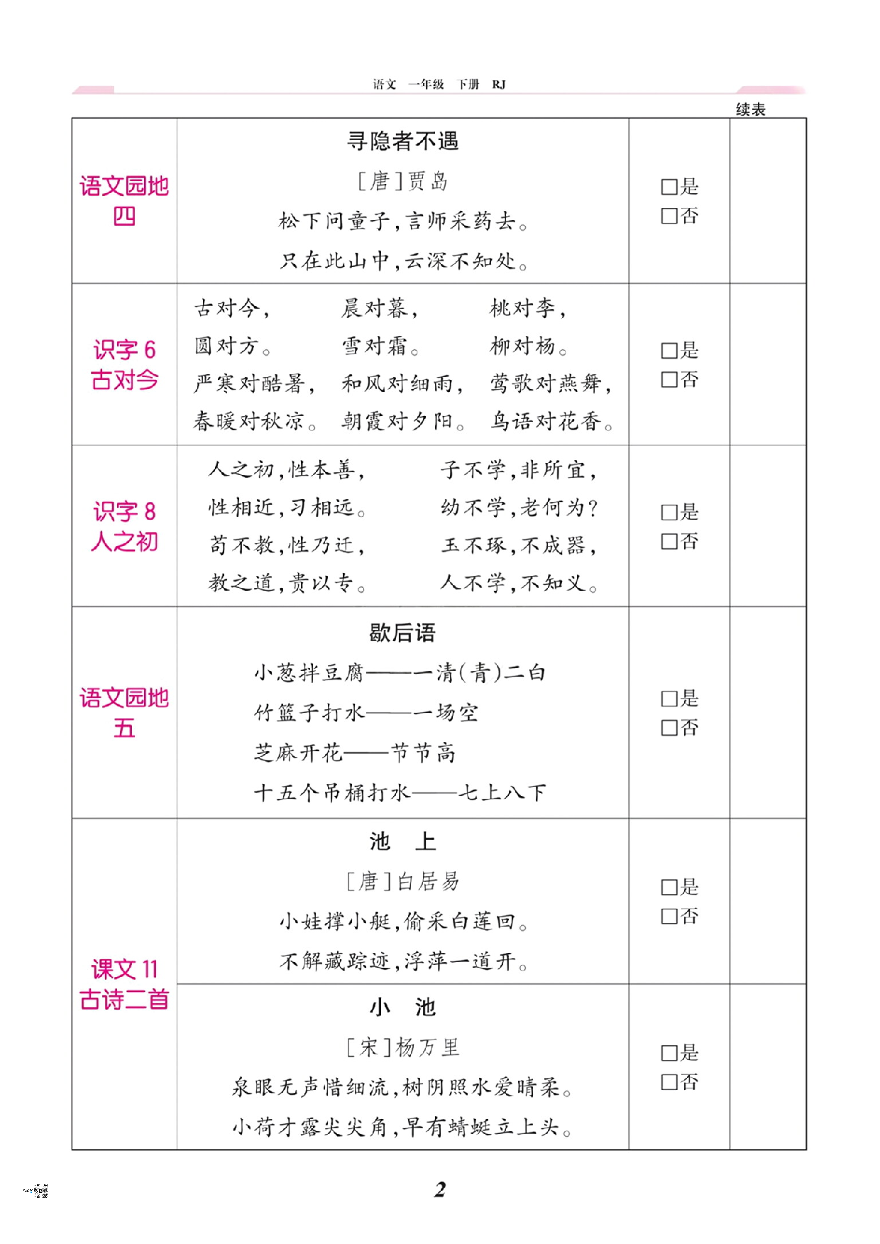 人教版一年级下册课文背诵闯关表 第2页