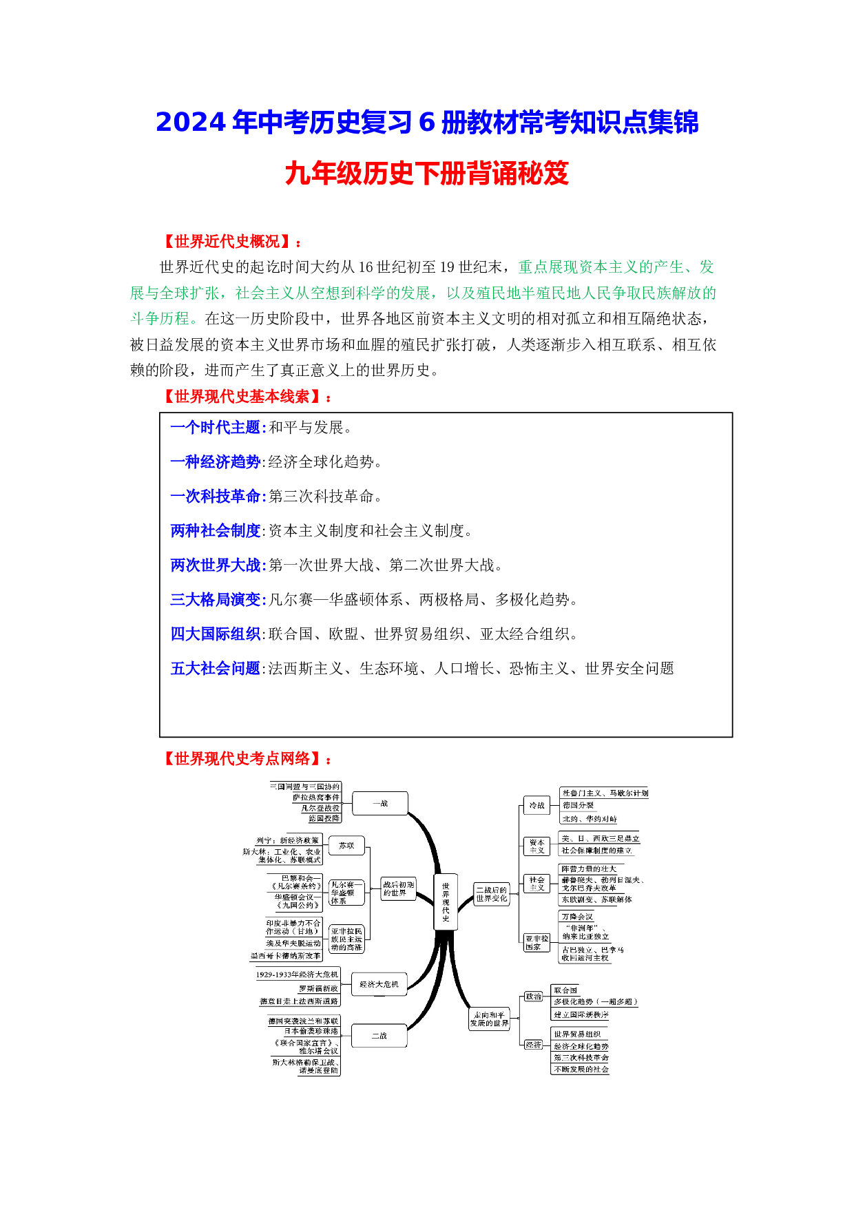九年级历史下册 -2024年中考历史复习6册教材常考知识点集锦（部编版）.docx 第1页