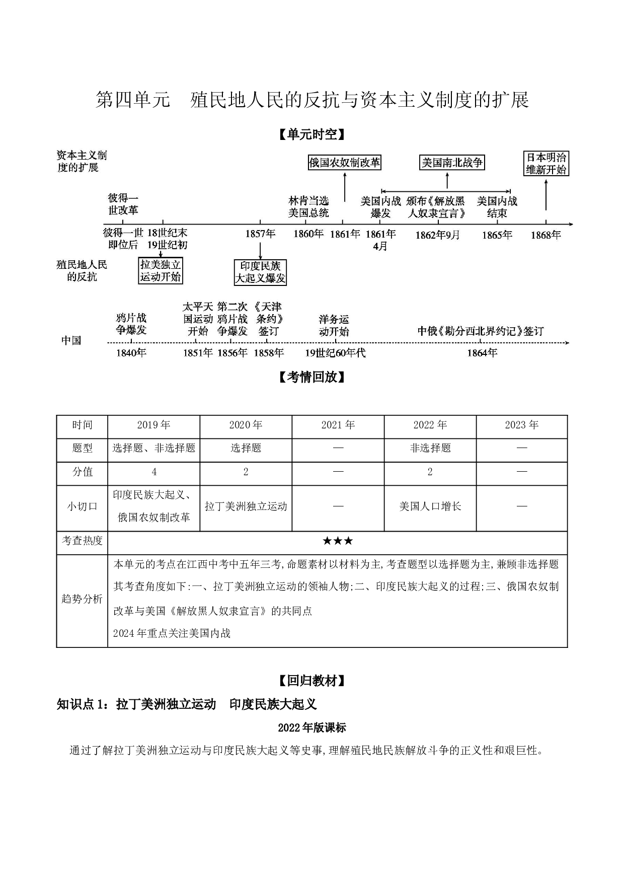 第四单元　殖民地人民的反抗与资本主义制度的扩展  讲义 2024年江西省中考一轮复习.docx 第1页
