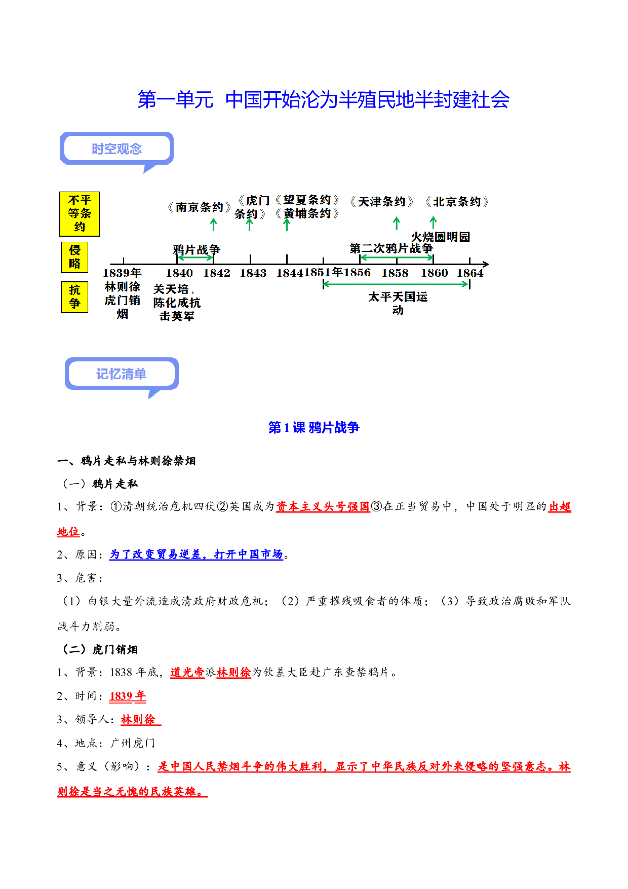 第一单元 中国开始沦为半殖民地半封建社会（背诵清单+中考演练）-2023-2024学年八年级历史上学期期末考点大串讲（部编版）.docx 第1页