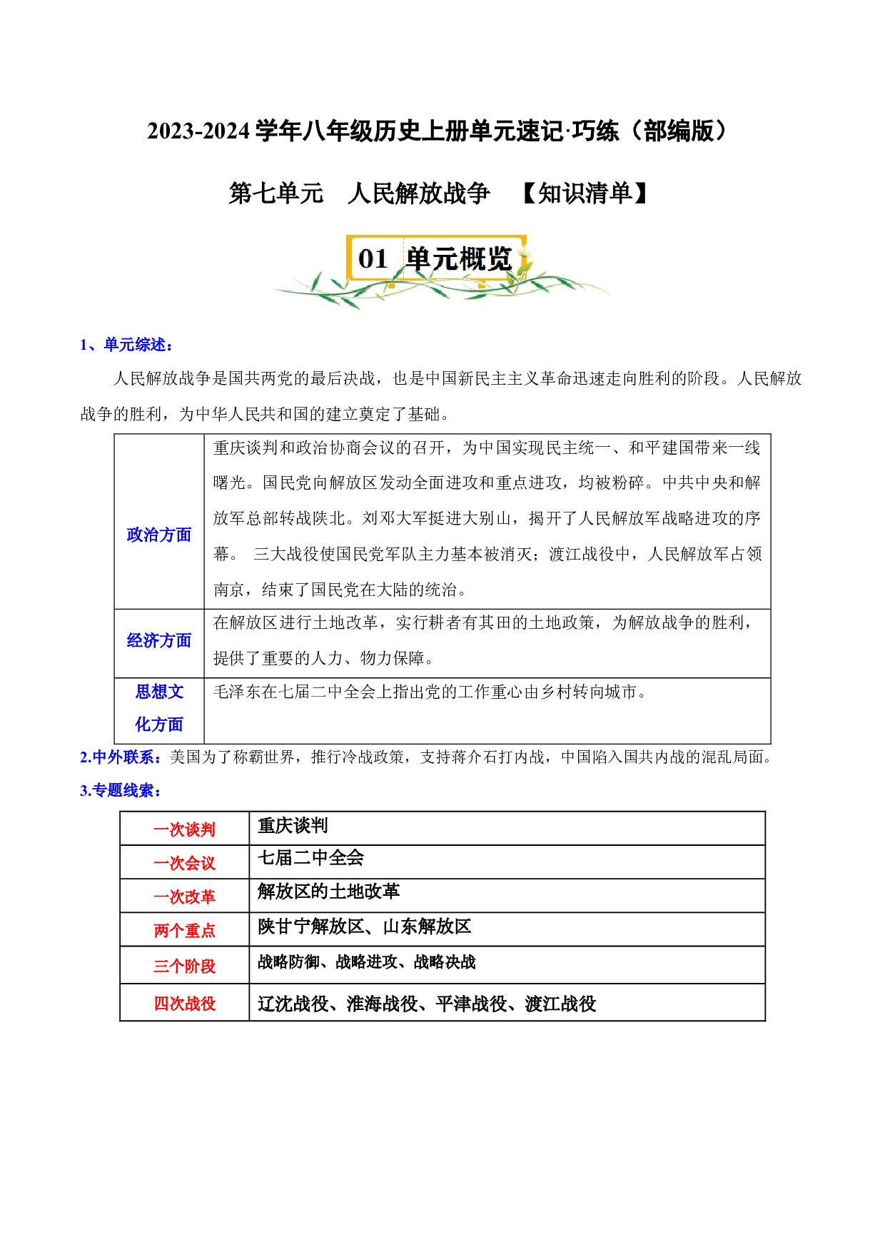 第七单元  人民解放战争-2023-2024学年八年级历史上册单元（部编版）(1).docx 第1页