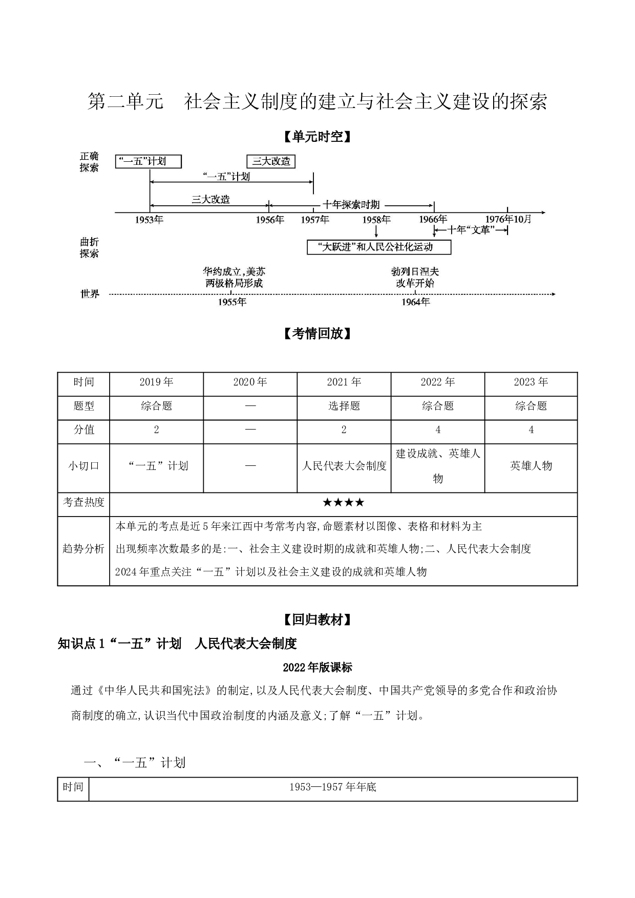第二单元　社会主义制度的建立与社会主义建设的探索  讲义  2024年江西中考一轮复习.docx 第1页