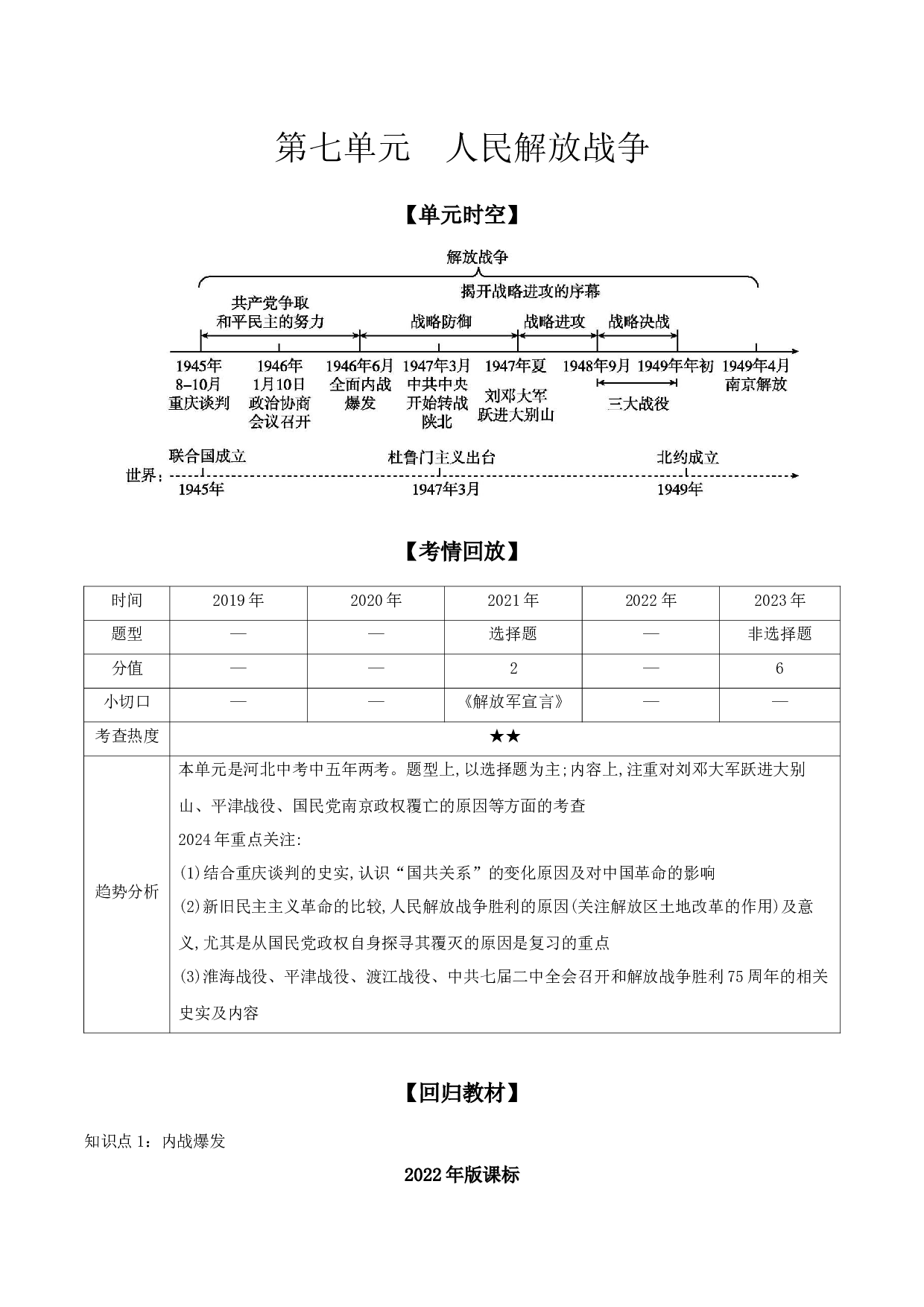 第七单元　人民解放战争  讲义 2024年河北省中考历史一轮复习.docx 第1页