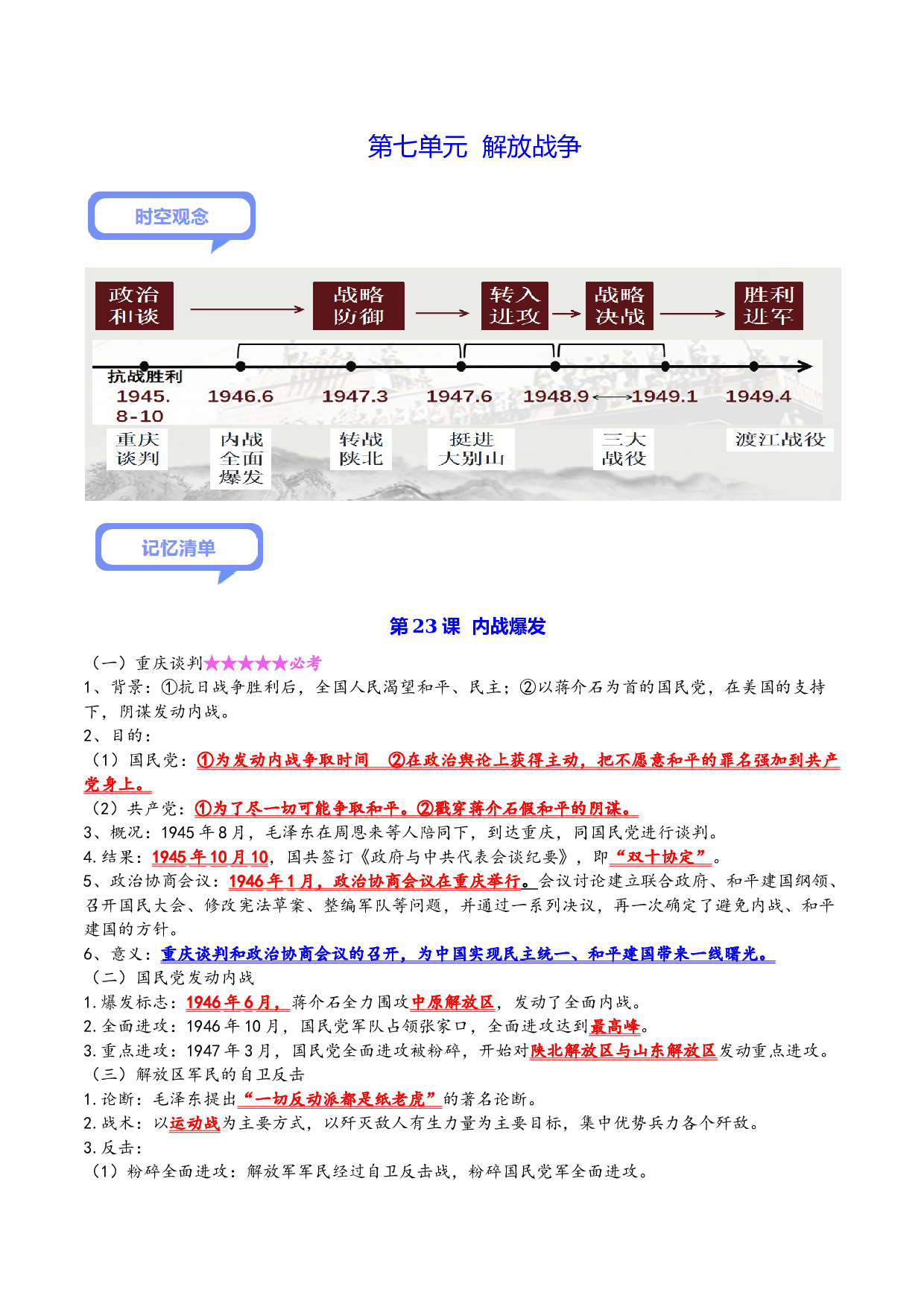 第七单元 解放战争（背诵清单+中考演练）-2023-2024学年八年级历史上学期期末考点大串讲（部编版）.docx 第1页