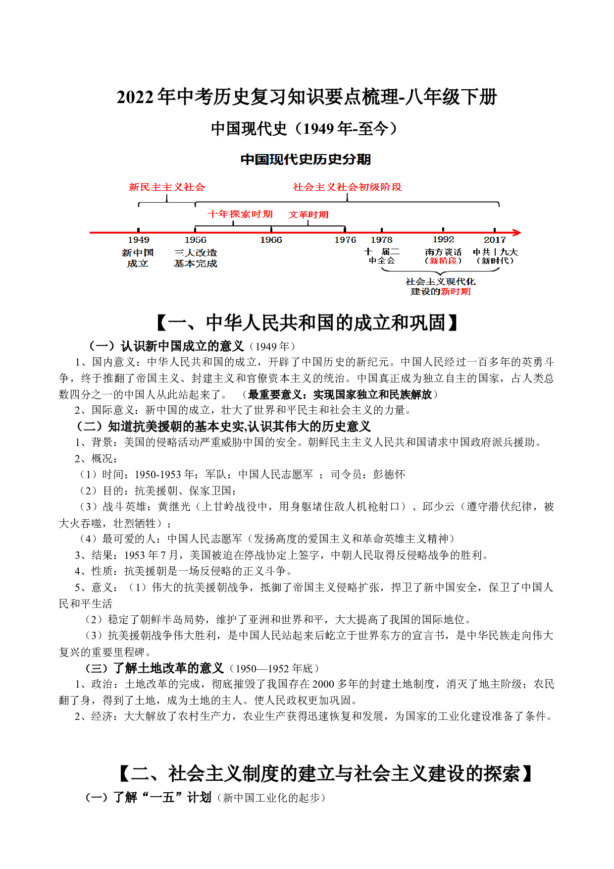 2022年中考历史复习知识要点梳理-八年级下册中国现代史（1949年-至今）（江苏专用）.docx 第1页