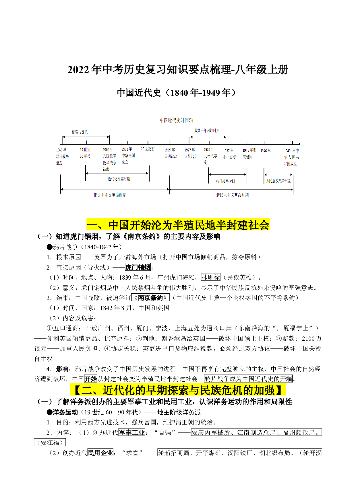 2022年中考历史复习知识要点梳理-八年级上册中国近代史（1840年-1949年）（江苏专用）.docx 第1页
