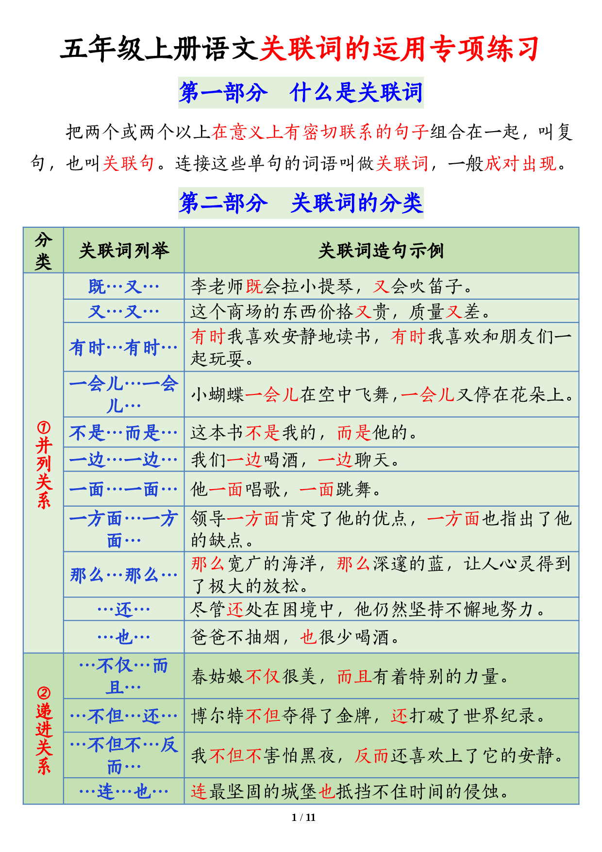 五上语文关联词语的运用专项练习（11页）.pdf 第1页