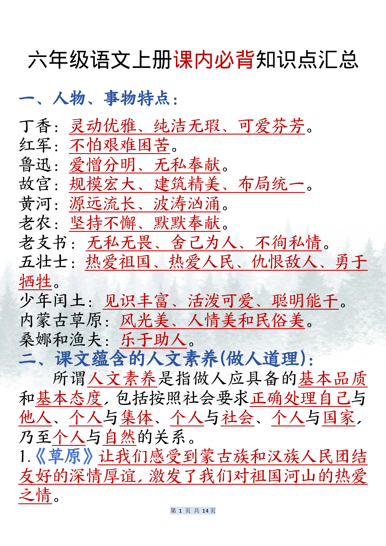 六上语文课内必背知识点汇总（共14页）.pdf 第1页