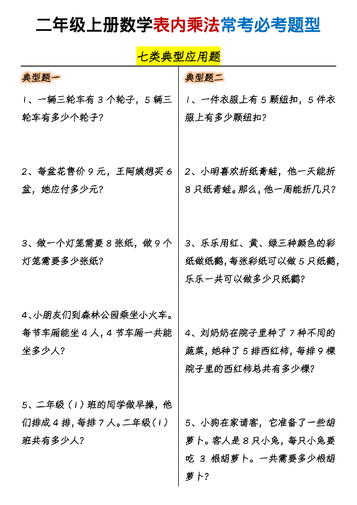 二年级（上）数学表内乘法常考必考7大典型应用题.pdf 第1页
