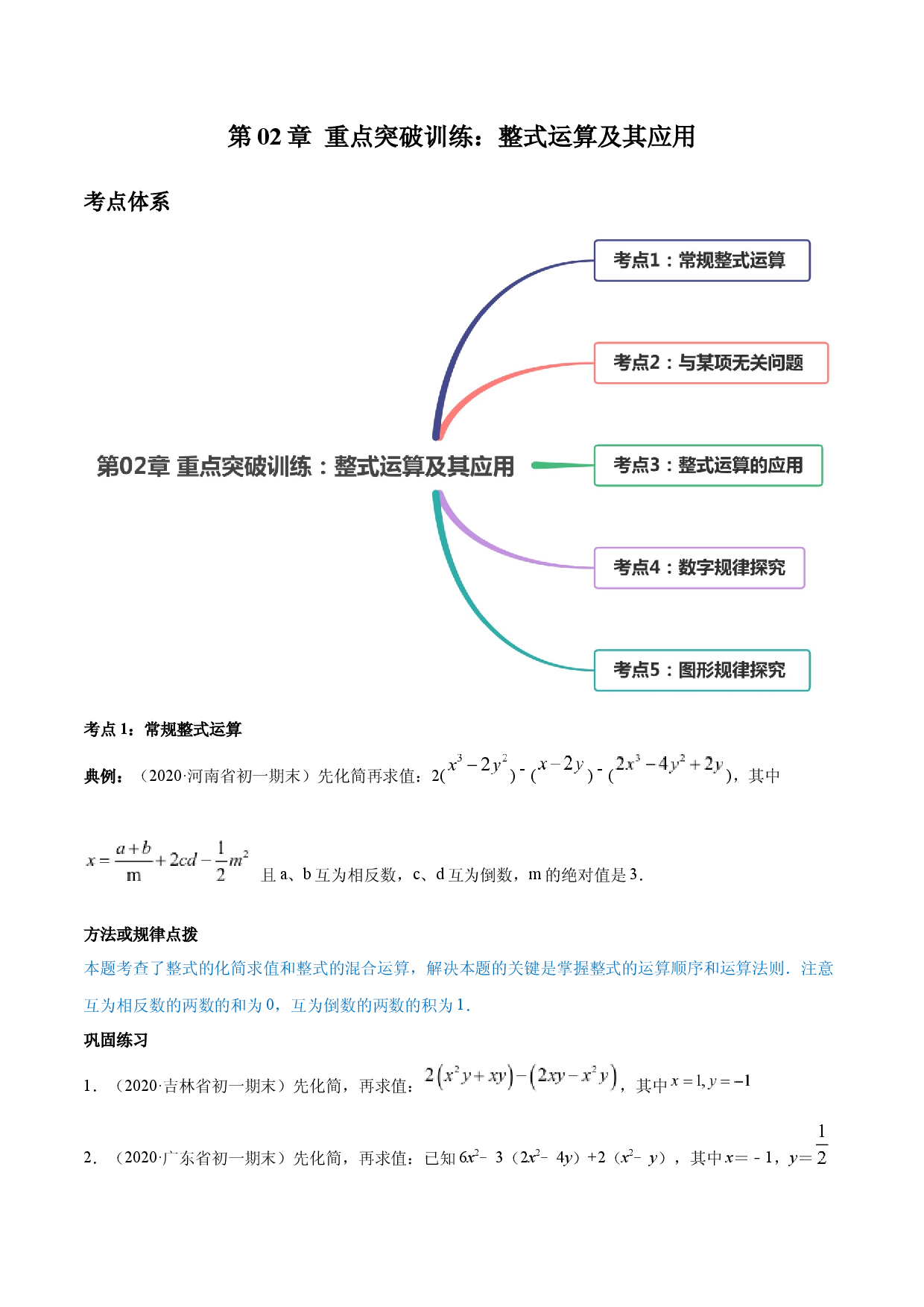 数学七年级上册单元试卷第02章 重点突破训练：整式运算及其应用（原卷版）（人教版）.docx 第1页