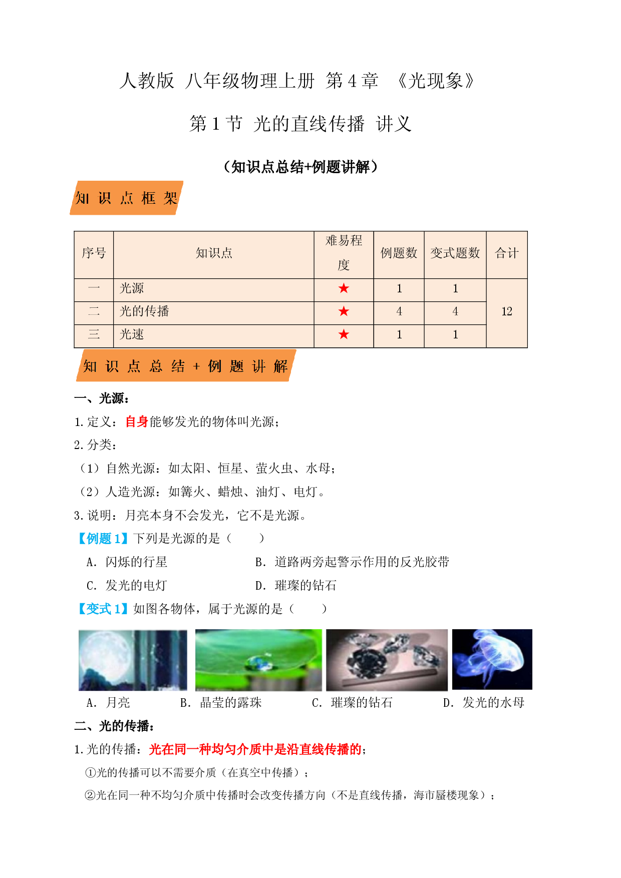 4.1光的直线传播（知识点+例题）（原卷版）.docx 第1页
