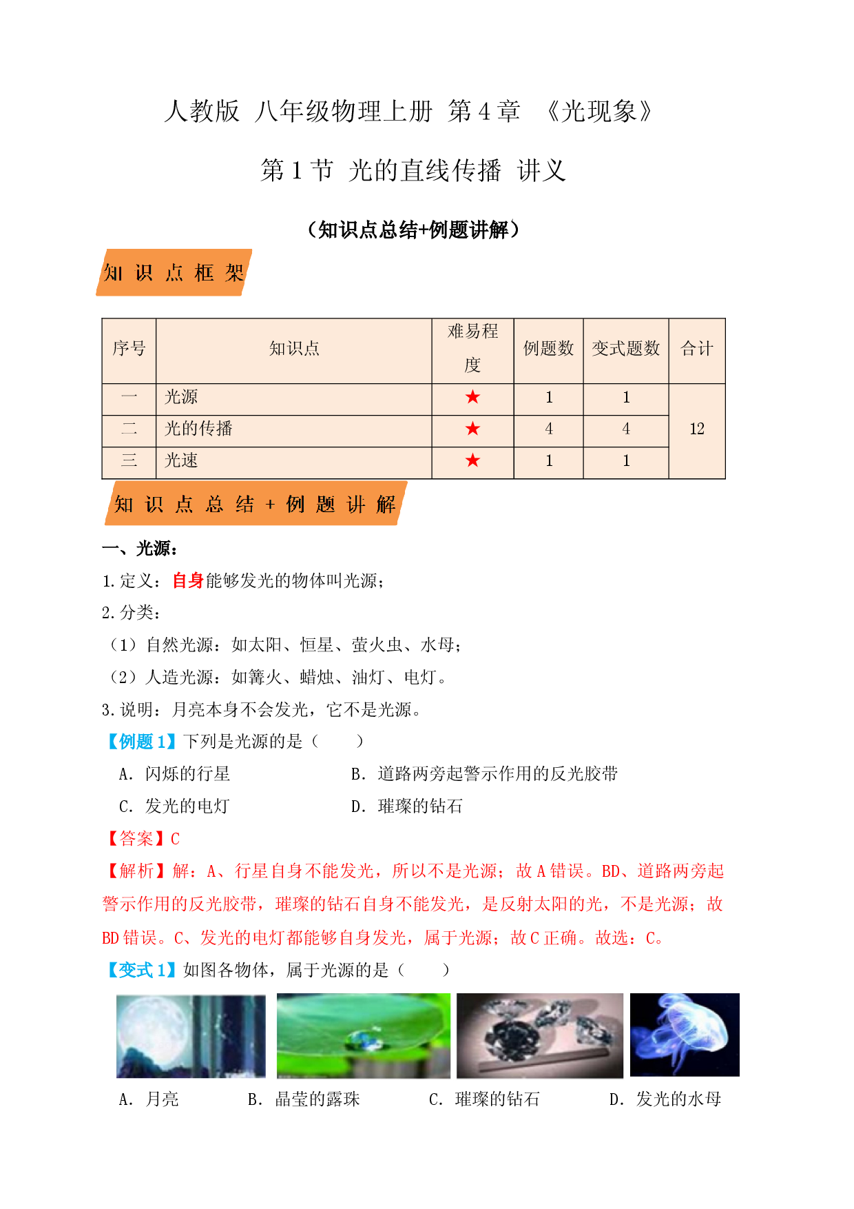 4.1光的直线传播（知识点+例题）（解析版）.docx 第1页