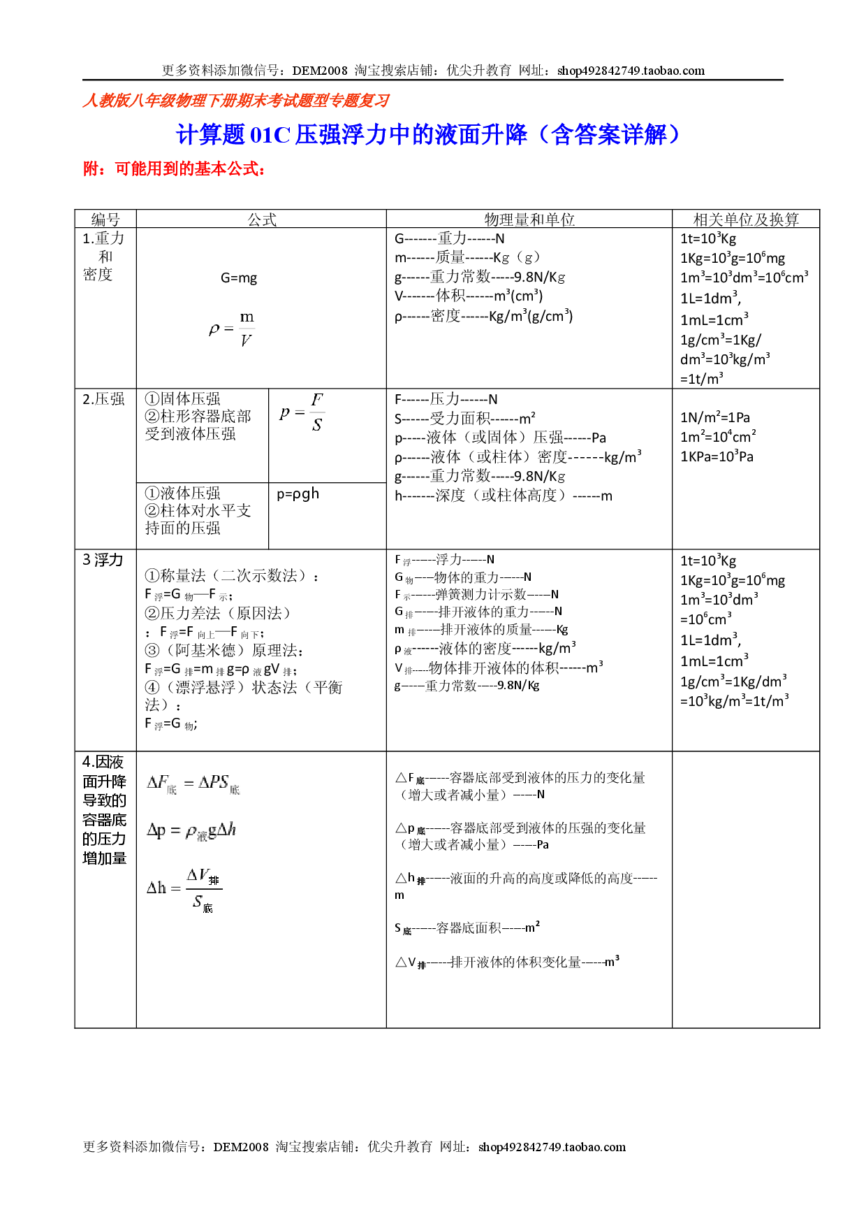 计算题01C  压强浮力中的液面升降（含答案详解）.docx 第1页
