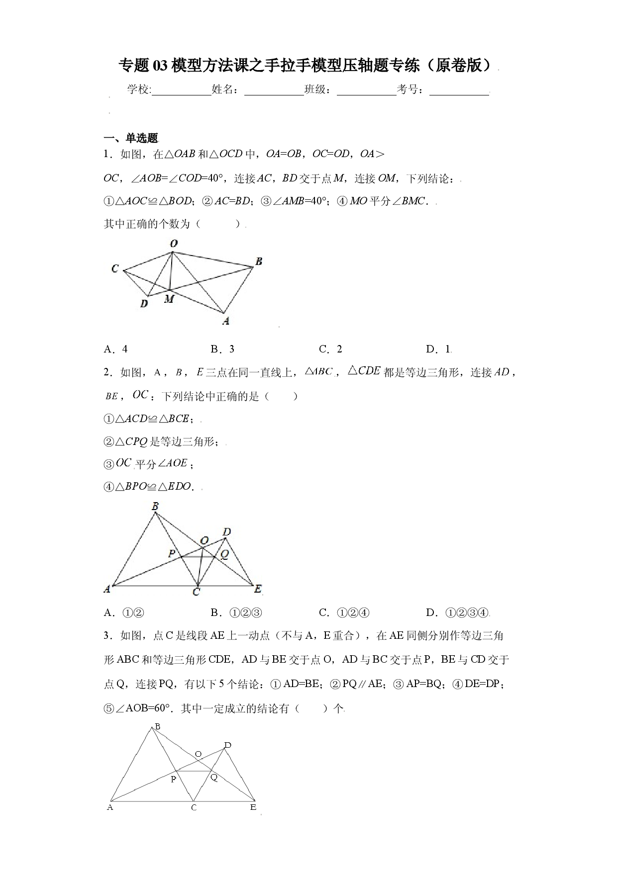 专题03模型方法课之手拉手模型压轴题专练（原卷版）（人教版）.docx 第1页