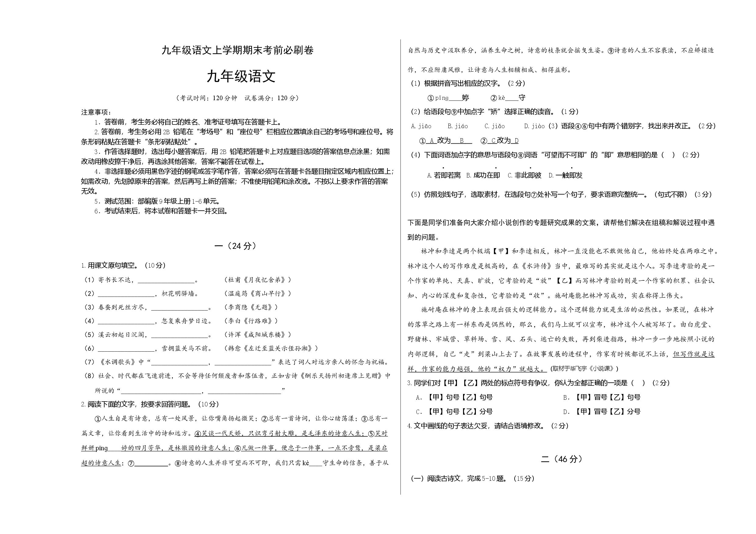 拔高卷：九年级语文上册期末卷（南京专用）（考试版）.docx 第1页