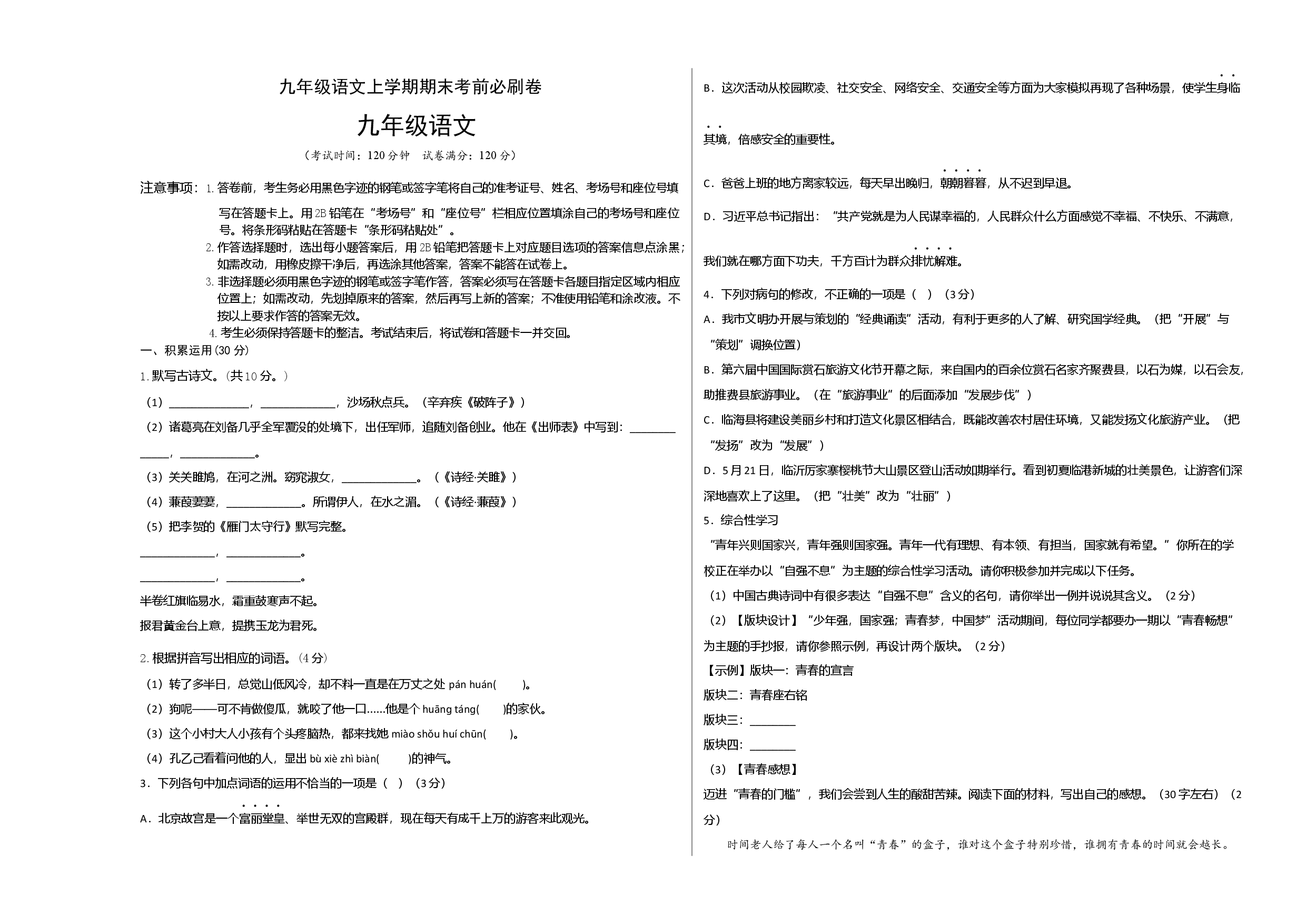 拔高卷：九年级语文上册期末卷（广东专用）（考试版）.docx 第1页