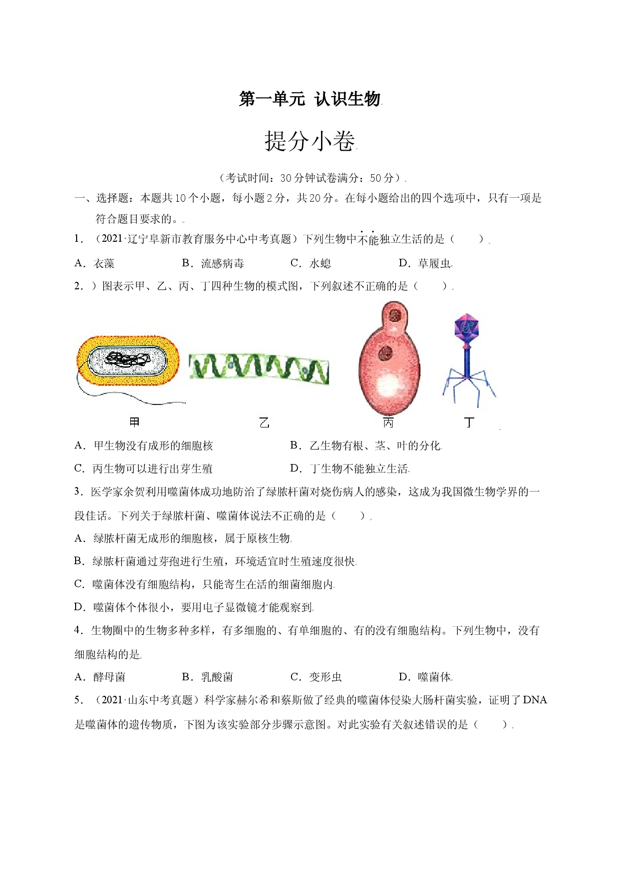第五单元（第五章） 病毒（提分 人教版原卷版）.docx 第1页