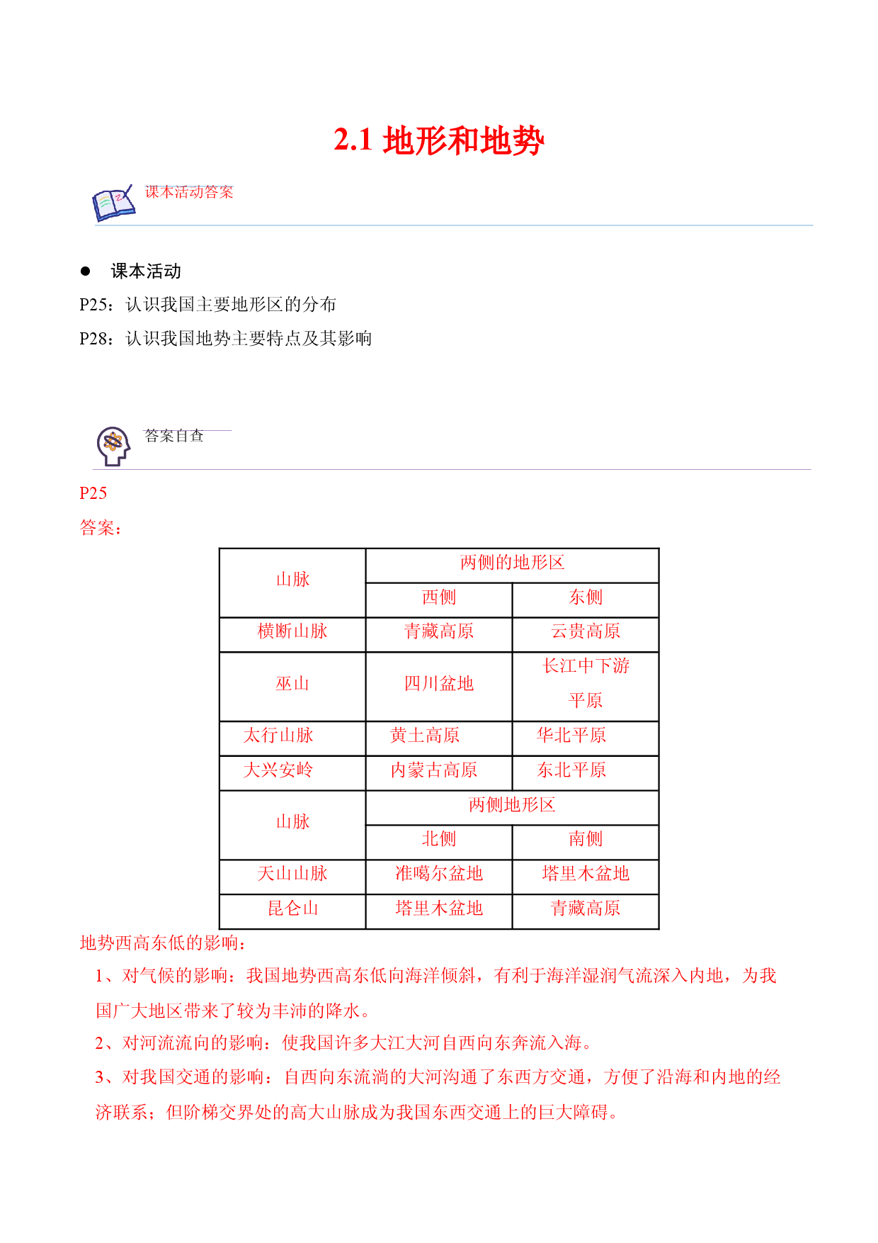 2.1 地形和地势-2022-2023学年八年级地理上册课后培优分级练（人教版原卷版）.docx 第1页