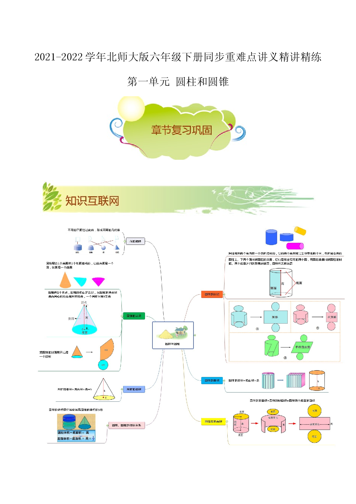 第一单元《圆柱和圆锥》章节复习巩固&mdash;2021-2022学年数学六年级下册重难点讲义精讲精练（原卷）北师大版.docx 第1页