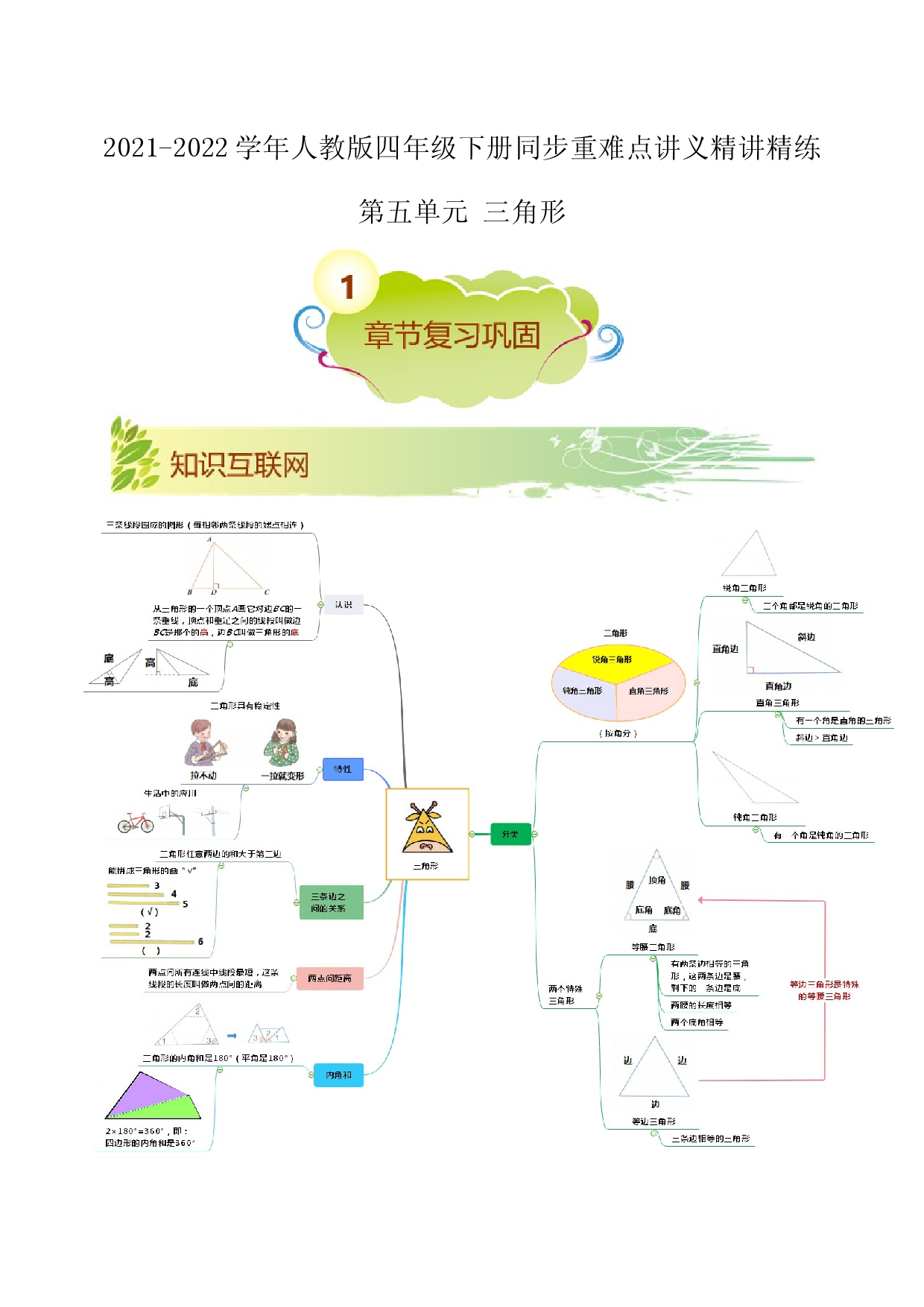 第五单元《三角形》章节复习巩固&mdash;2021-2022学年四年级下册重难点讲义精讲精练（原卷）人教版.docx 第1页