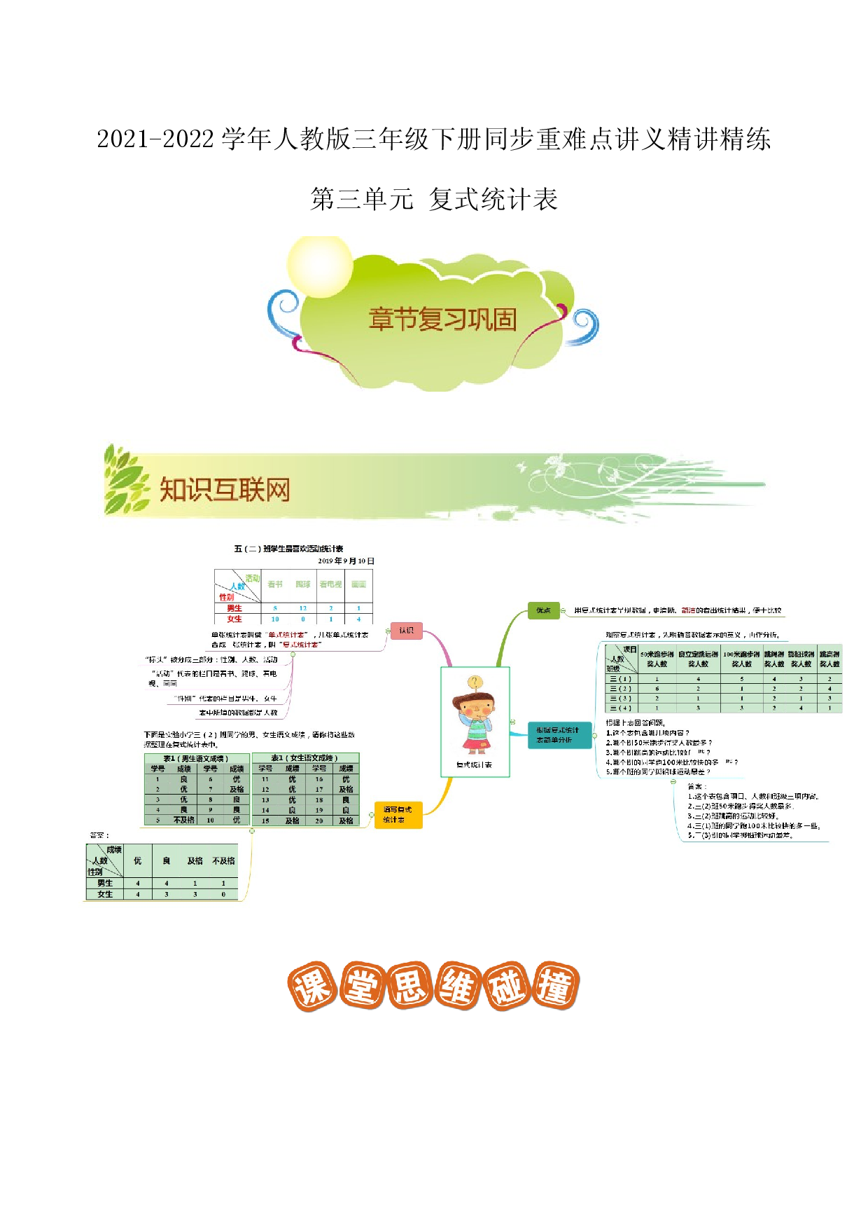 第三单元《复式统计表》章节复习巩固&mdash;2021-2022学年数学三年级下册重难点讲义精讲精练（解析）人教版.docx 第1页