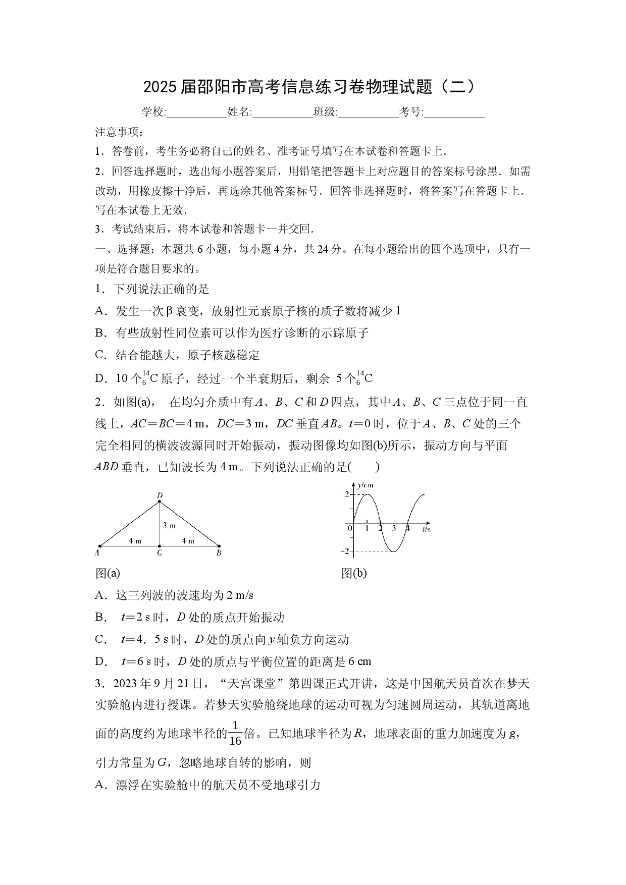 物理试卷2025届湖南邵阳市高考信息练习卷试题（二）(含参考解析).docx 第1页