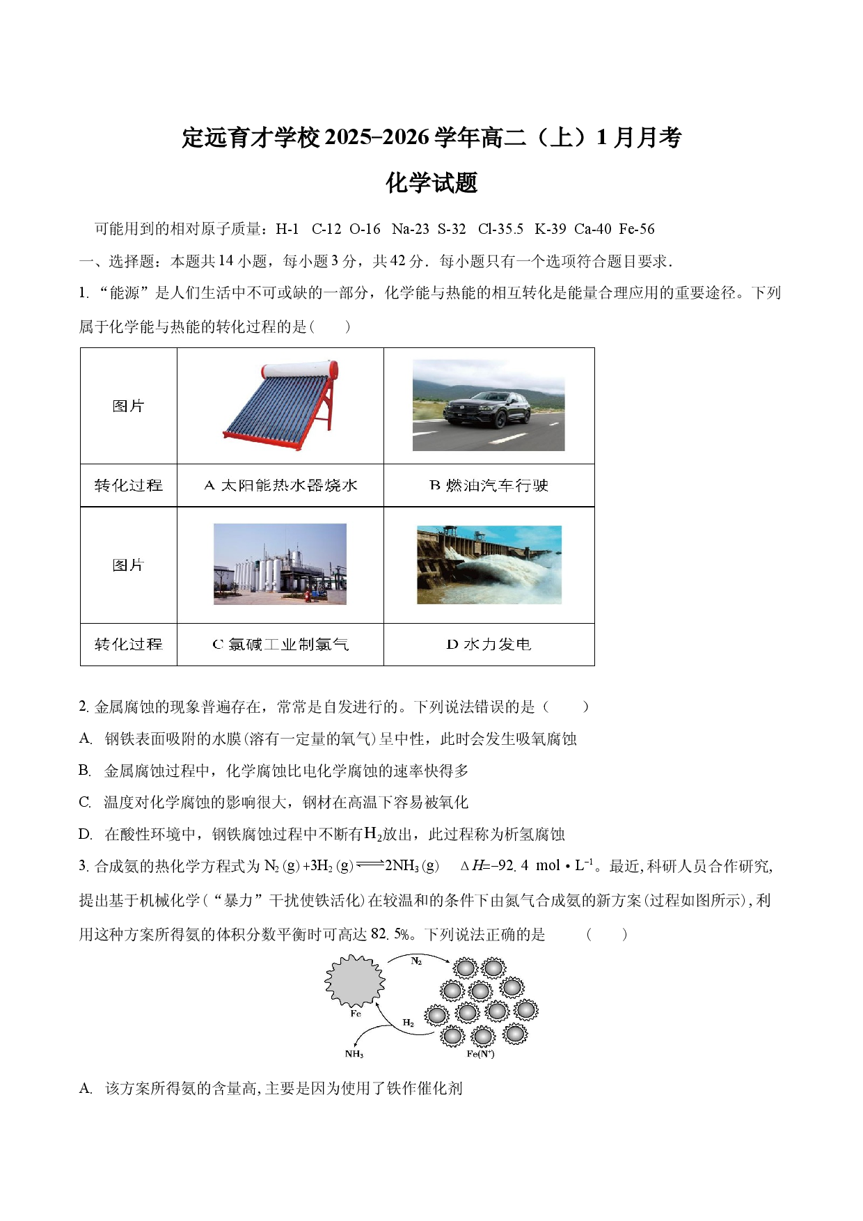 安徽省定远育才学校2025-2026学年高二（上）1月月考化学试题.docx 第1页
