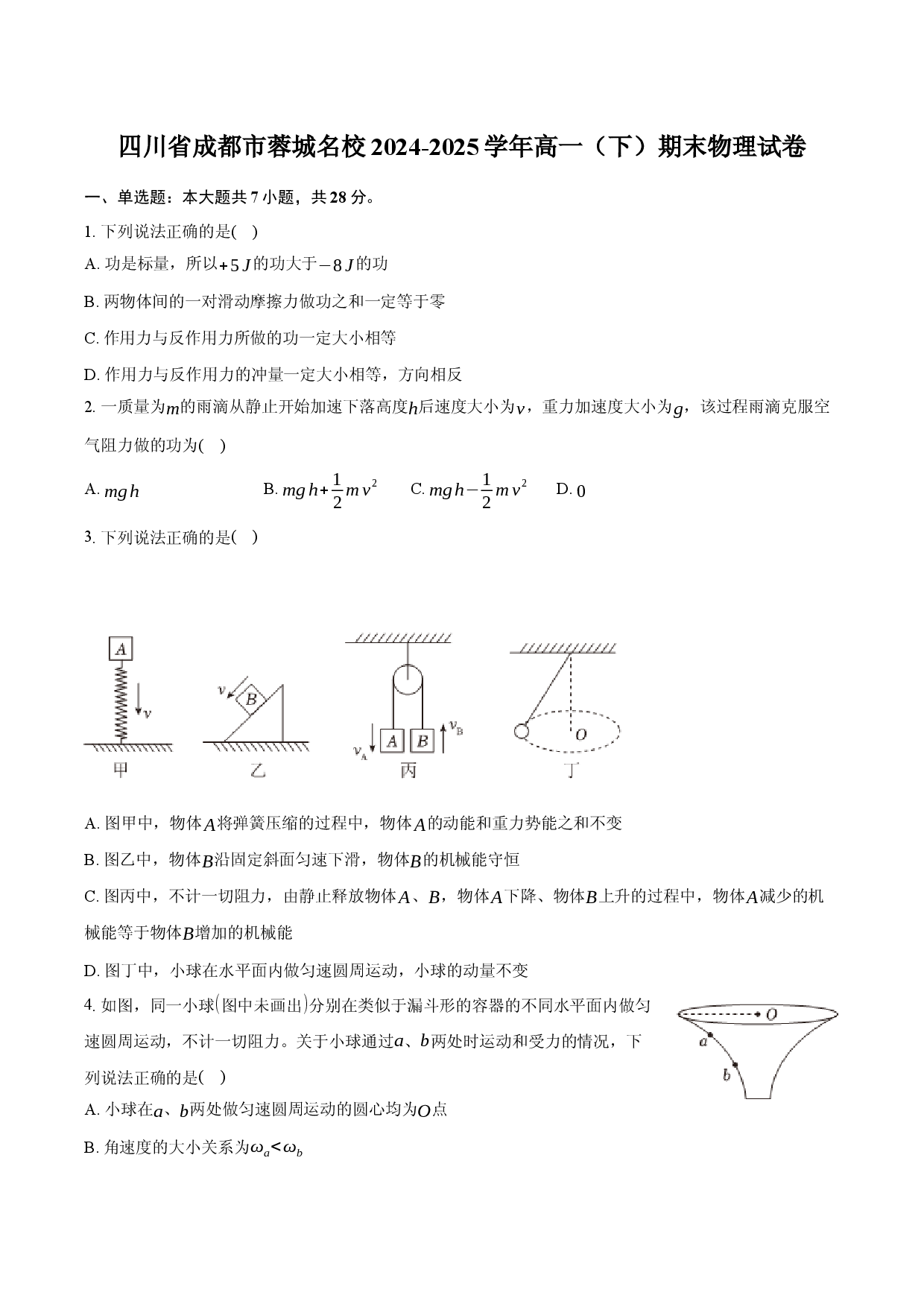 四川成都市蓉城名校2024-2025学年高一（下）期末物理试卷.docx 第1页