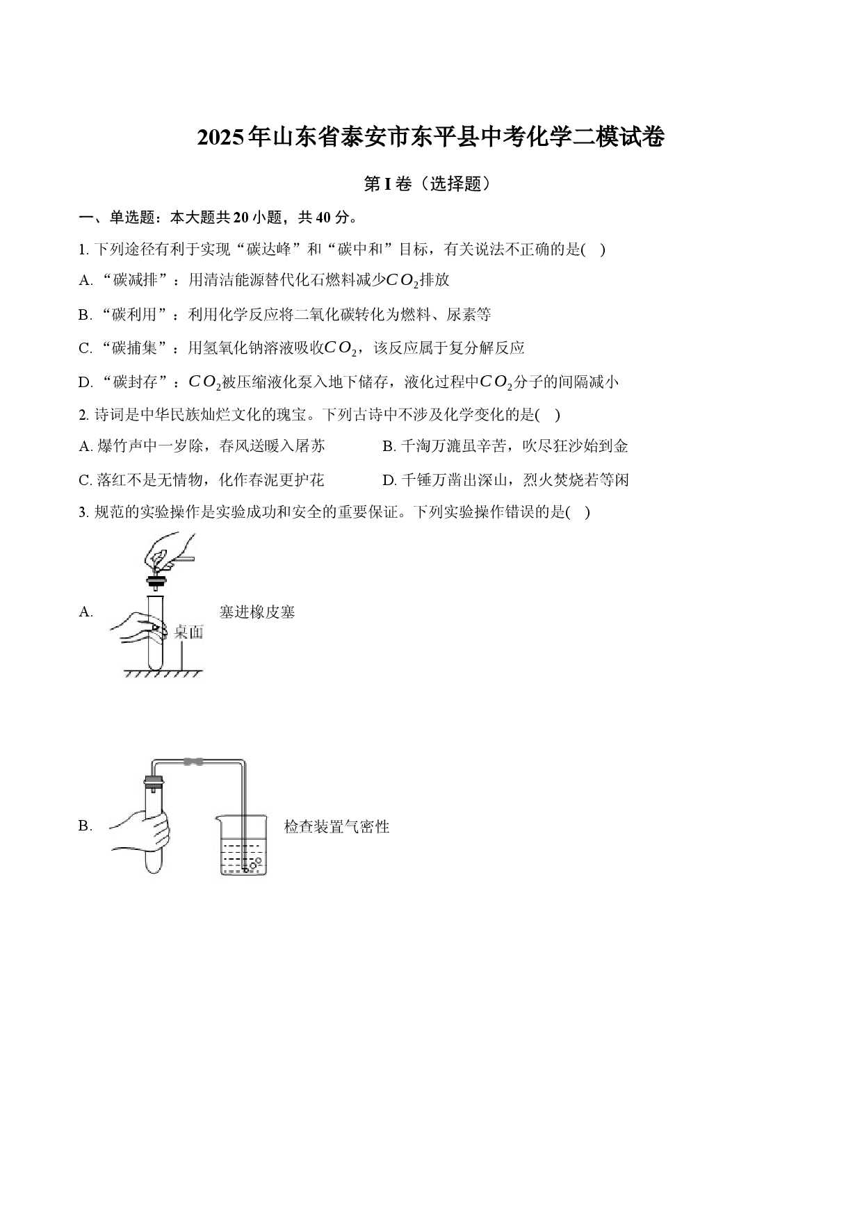 2025年山东泰安市东平县中考化学二模试卷.docx 第1页