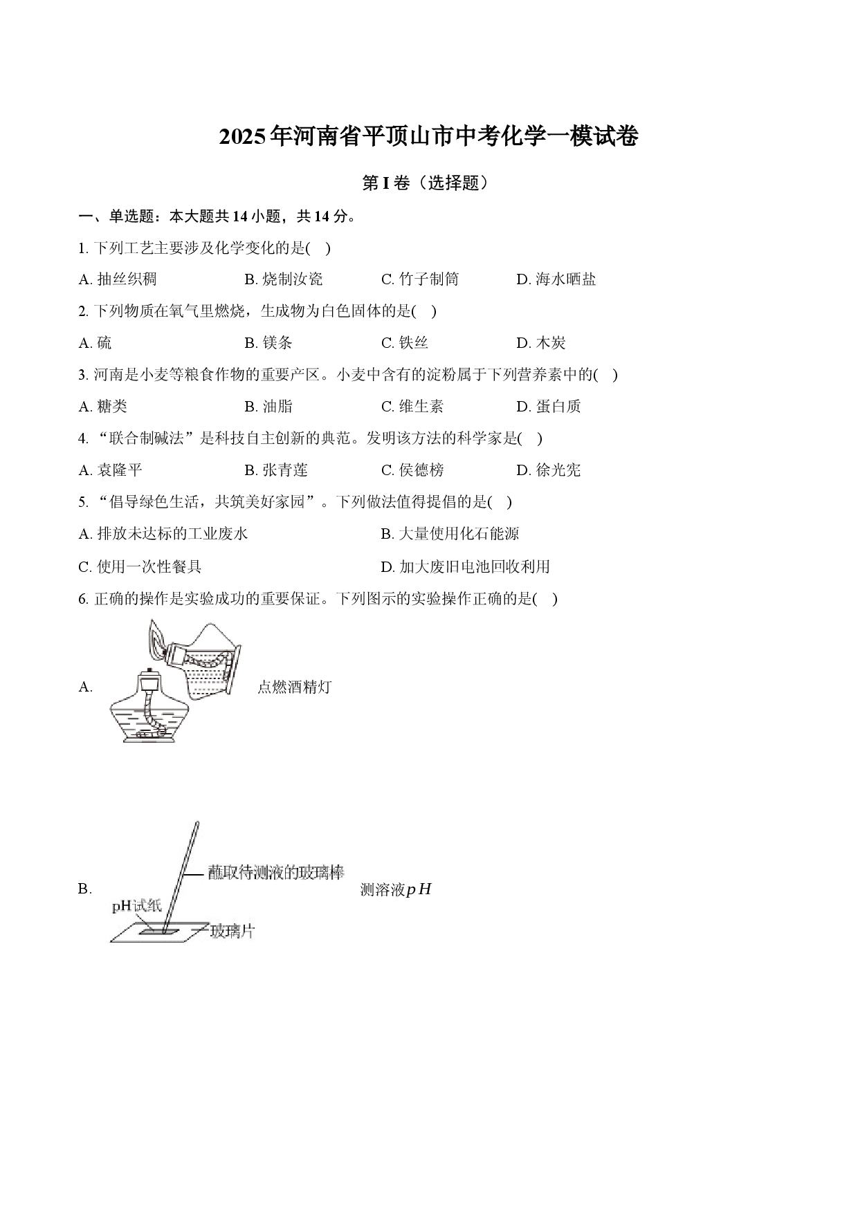 2025年河南平顶山市中考化学一模试卷.docx 第1页